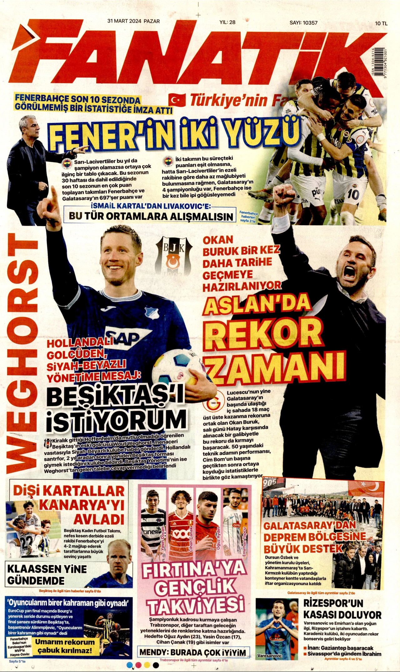 FANATİK gazetesinin 31 Mart 2024 tarihli birinci sayfası