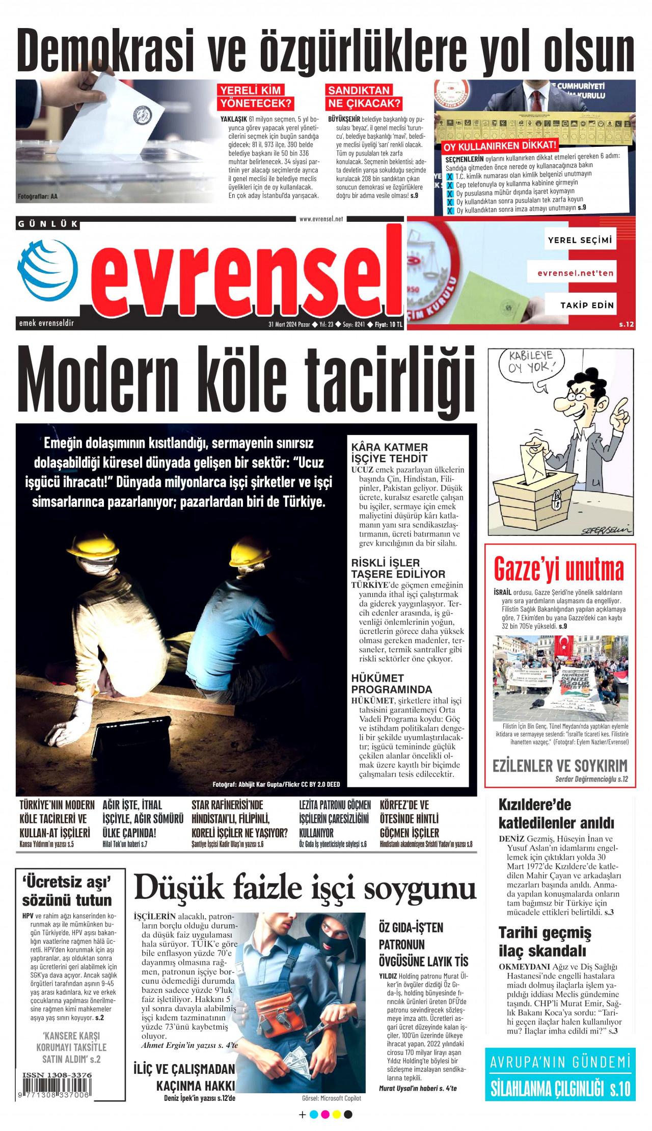EVRENSEL gazetesinin 31 Mart 2024 tarihli birinci sayfası