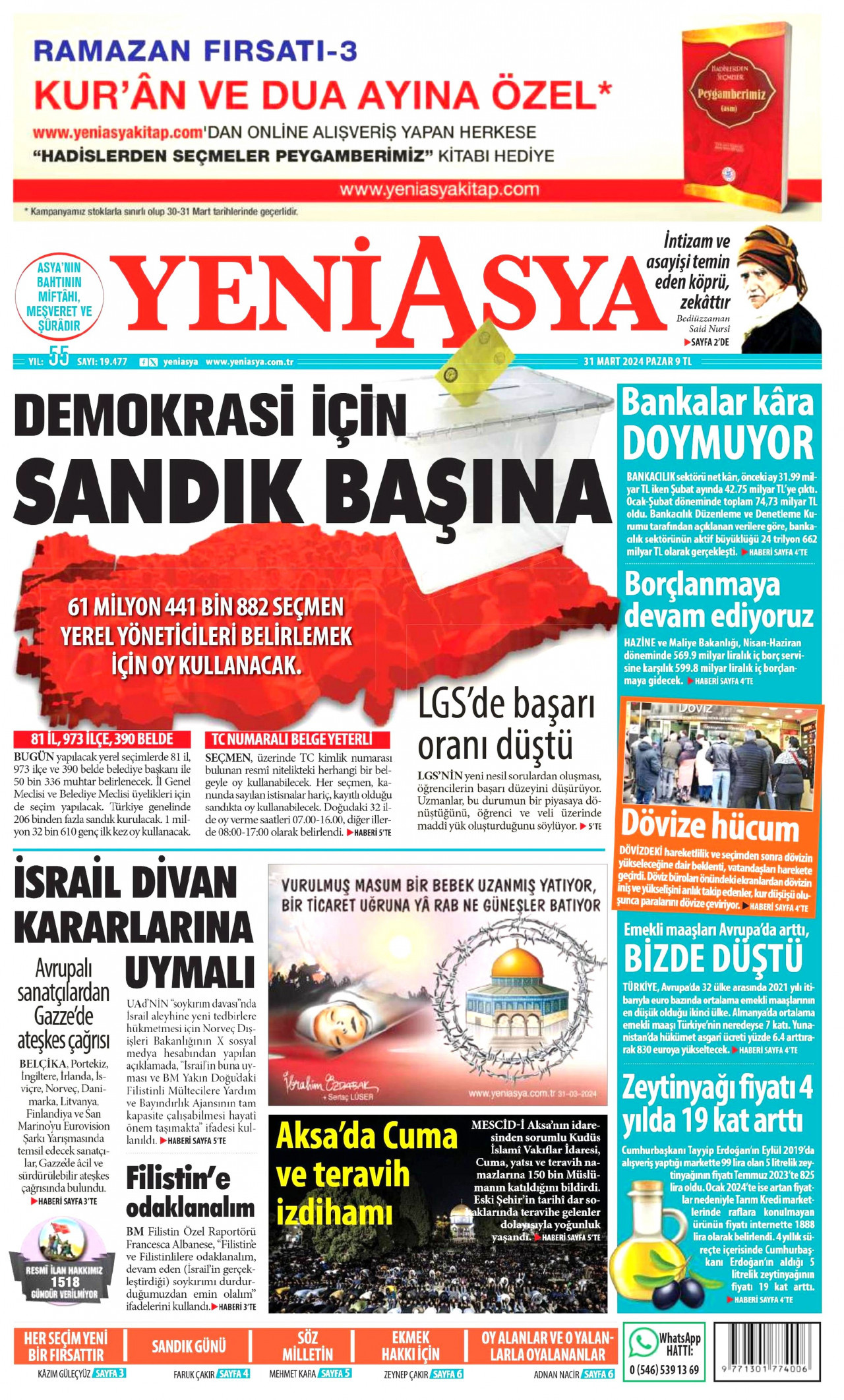 YENİ ASYA gazetesinin 31 Mart 2024 tarihli birinci sayfası