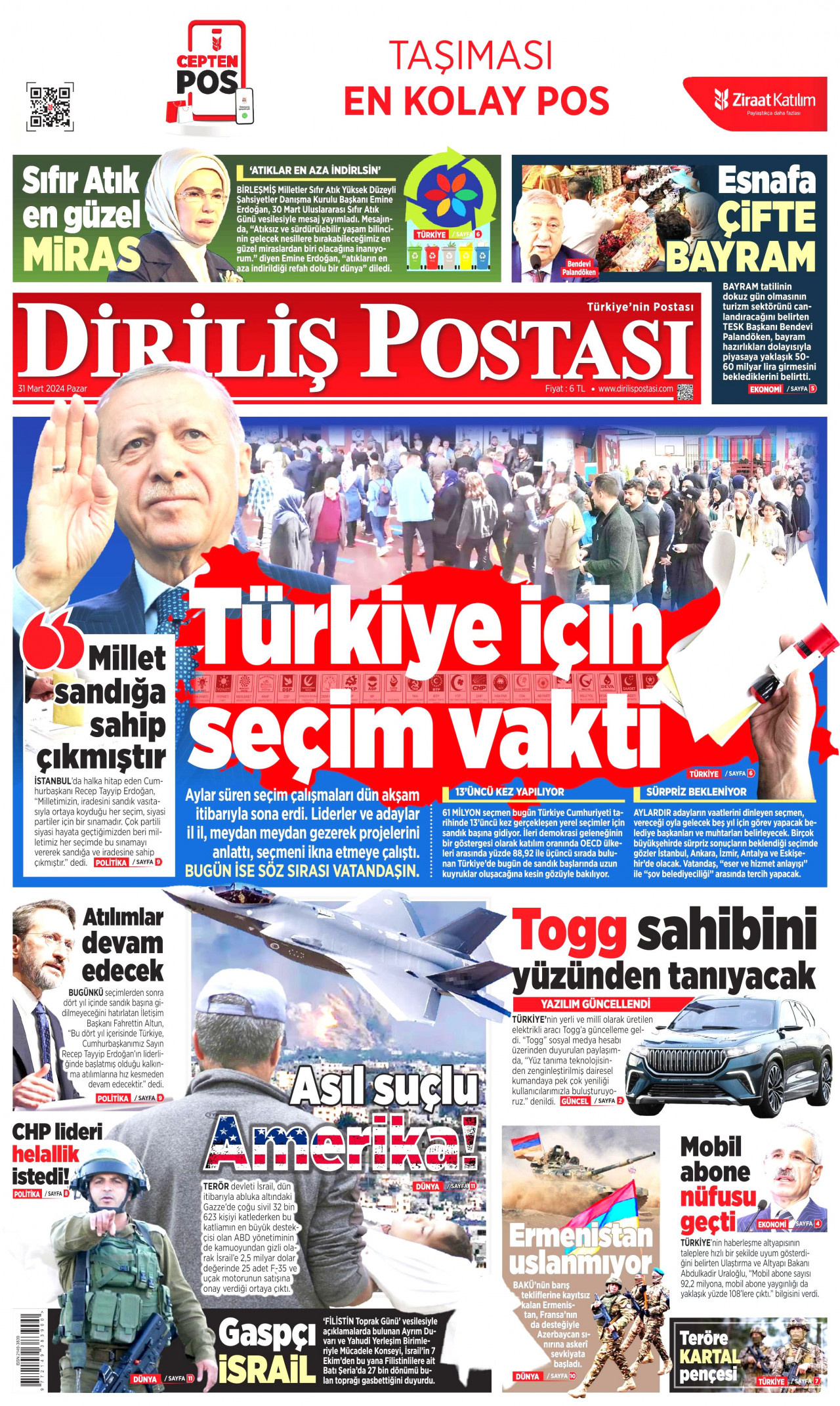 DİRİLİŞ POSTASI gazetesinin 31 Mart 2024 tarihli birinci sayfası