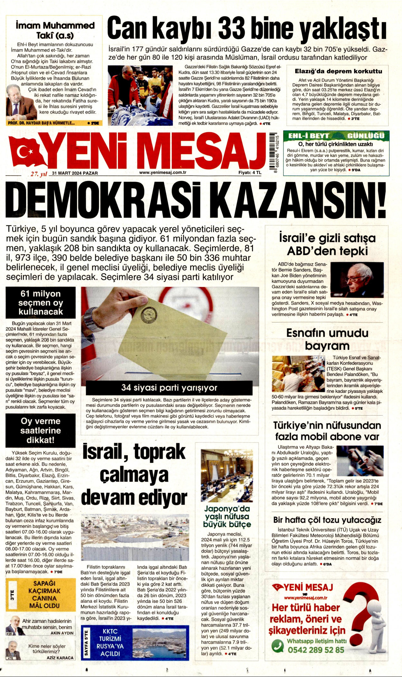 YENİ MESAJ gazetesinin 31 Mart 2024 tarihli birinci sayfası