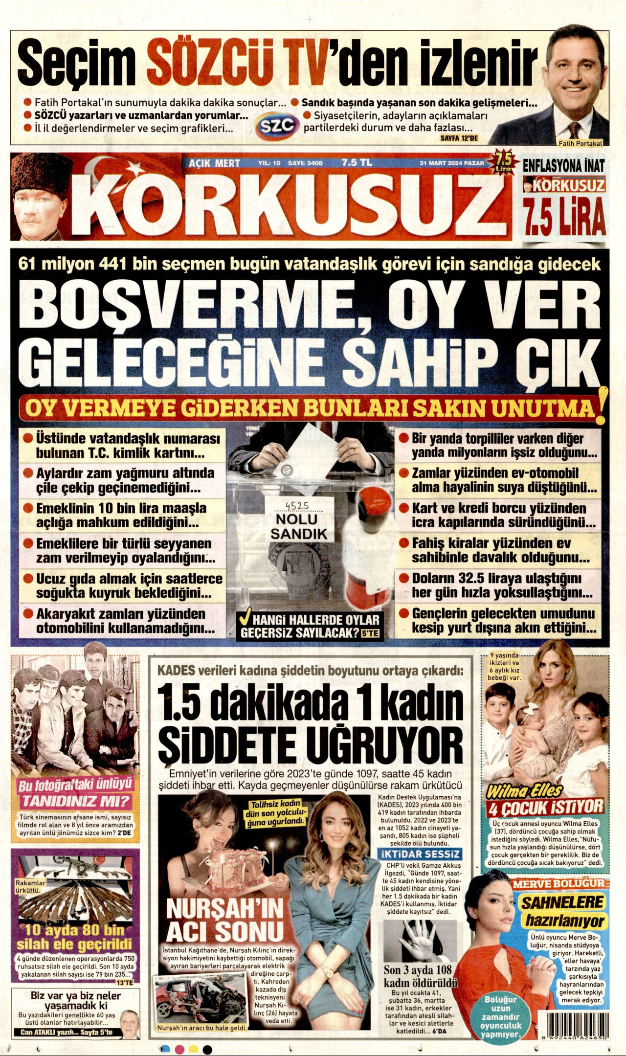 KORKUSUZ gazetesinin 31 Mart 2024 tarihli birinci sayfası
