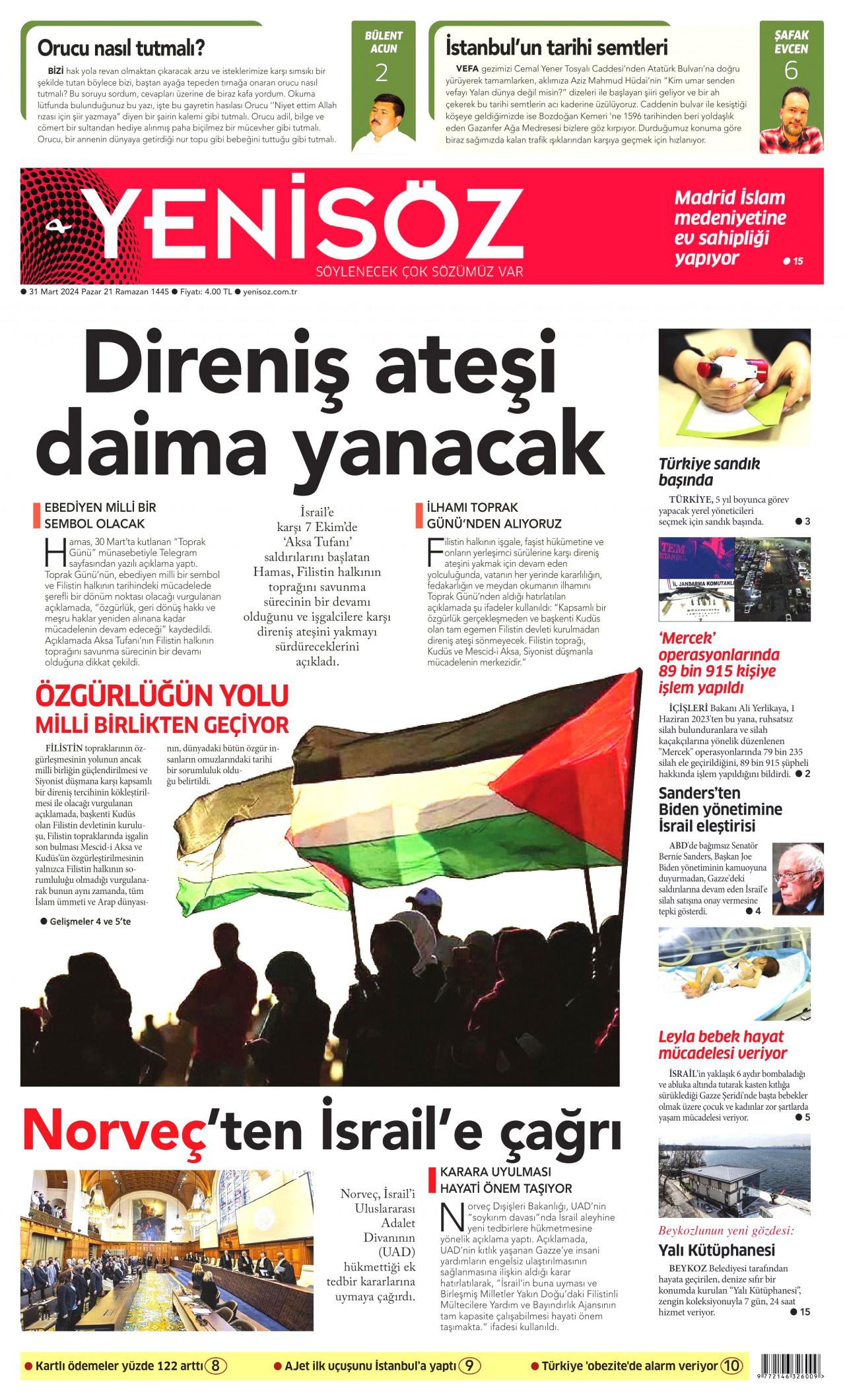 YENİ SÖZ GAZETESİ gazetesinin 31 Mart 2024 tarihli birinci sayfası