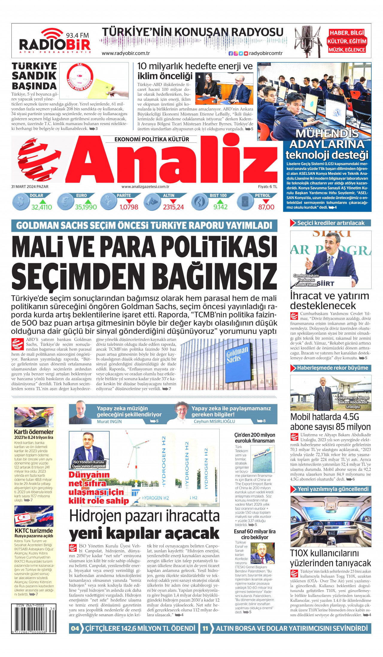 ANALİZ gazetesinin 31 Mart 2024 tarihli birinci sayfası