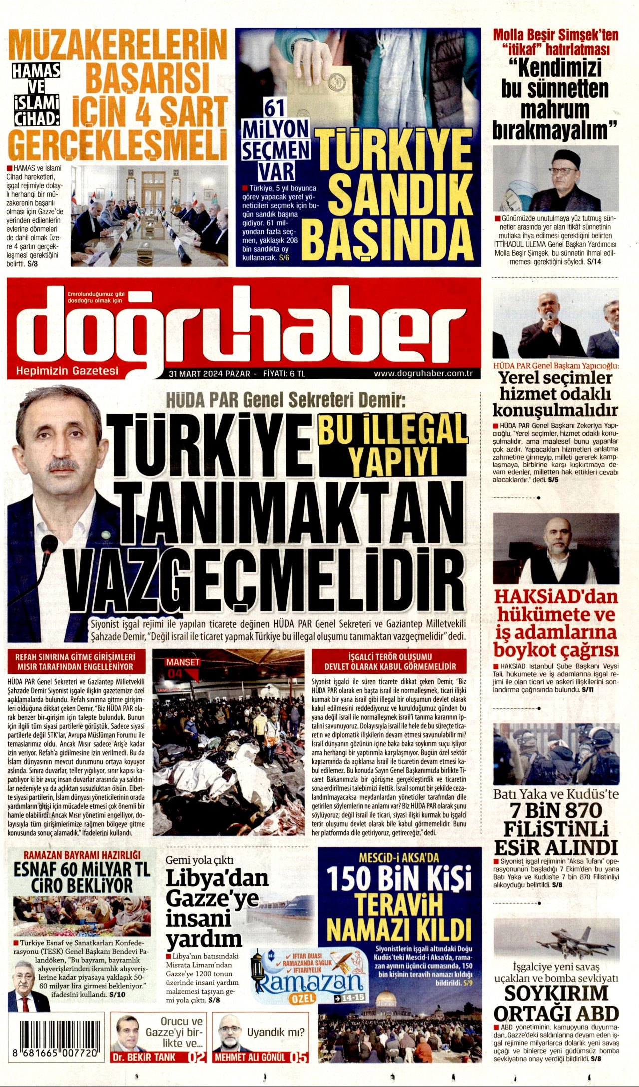 DOĞRU HABER gazetesinin 31 Mart 2024 tarihli birinci sayfası