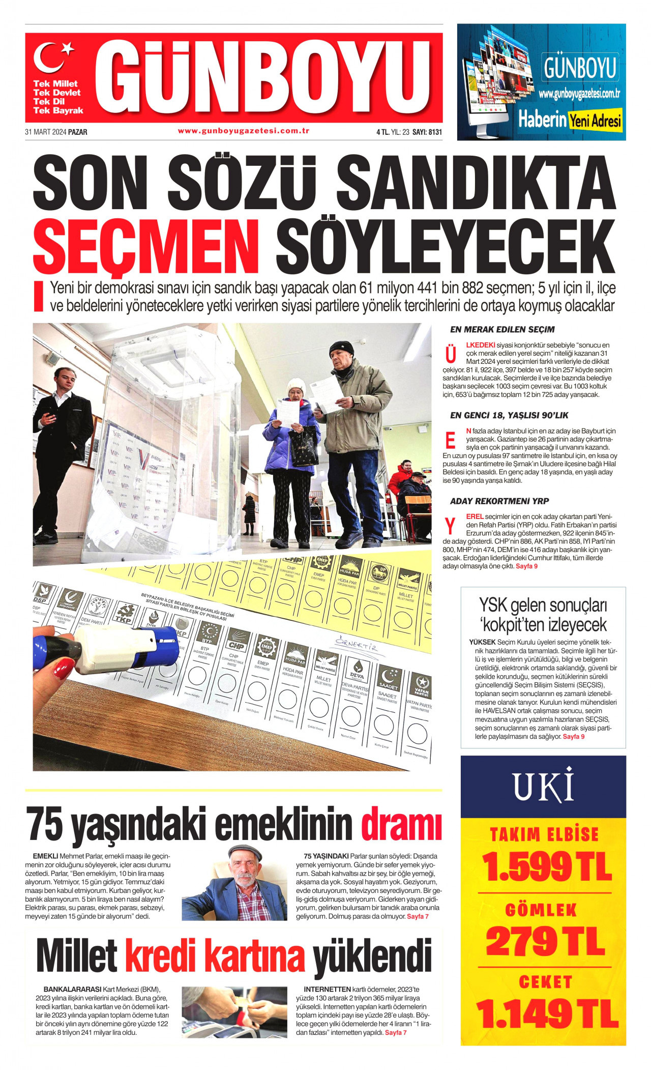 GÜNBOYU gazetesinin 31 Mart 2024 tarihli birinci sayfası