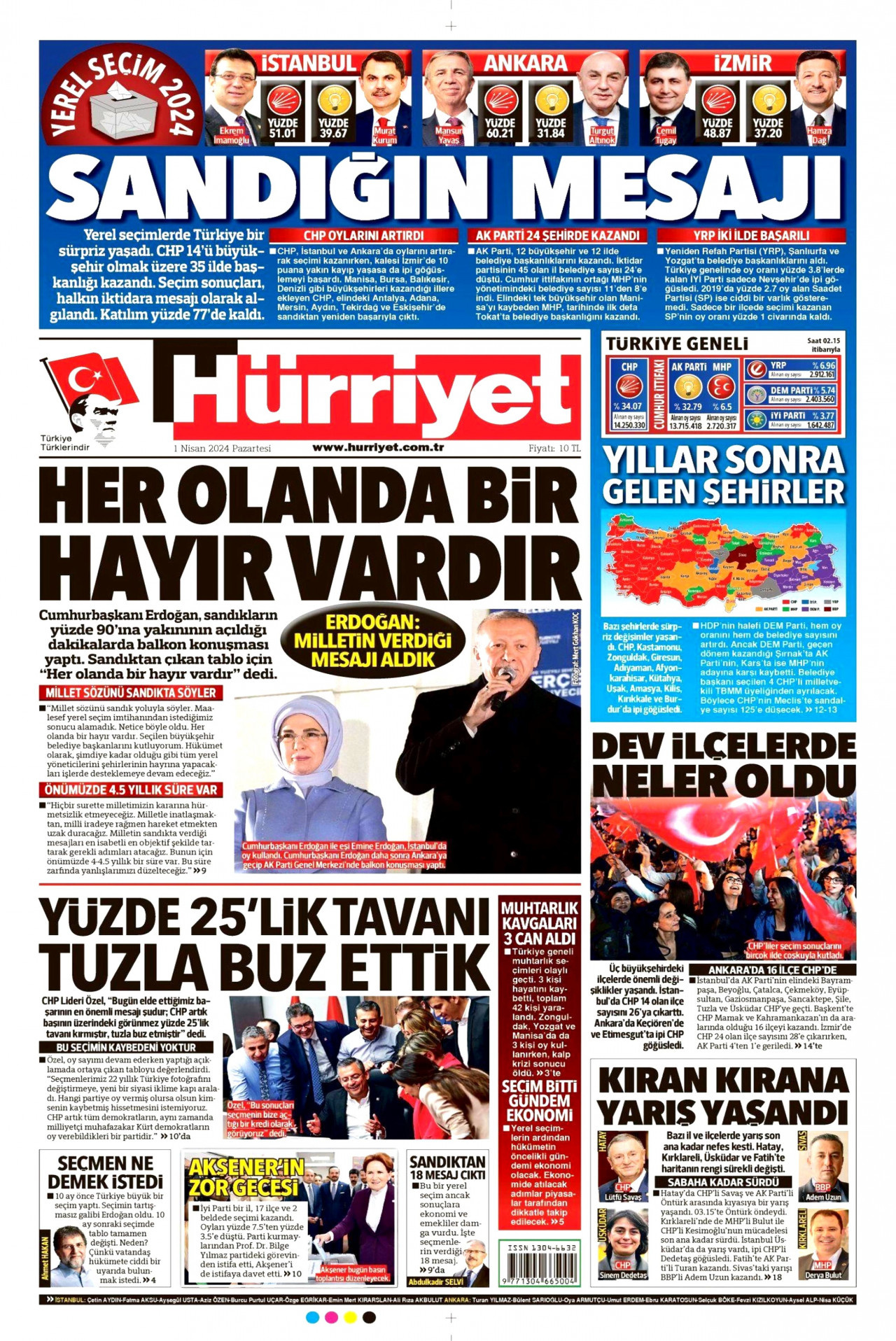 HÜRRİYET gazetesinin 1 Nisan 2024 tarihli birinci sayfası