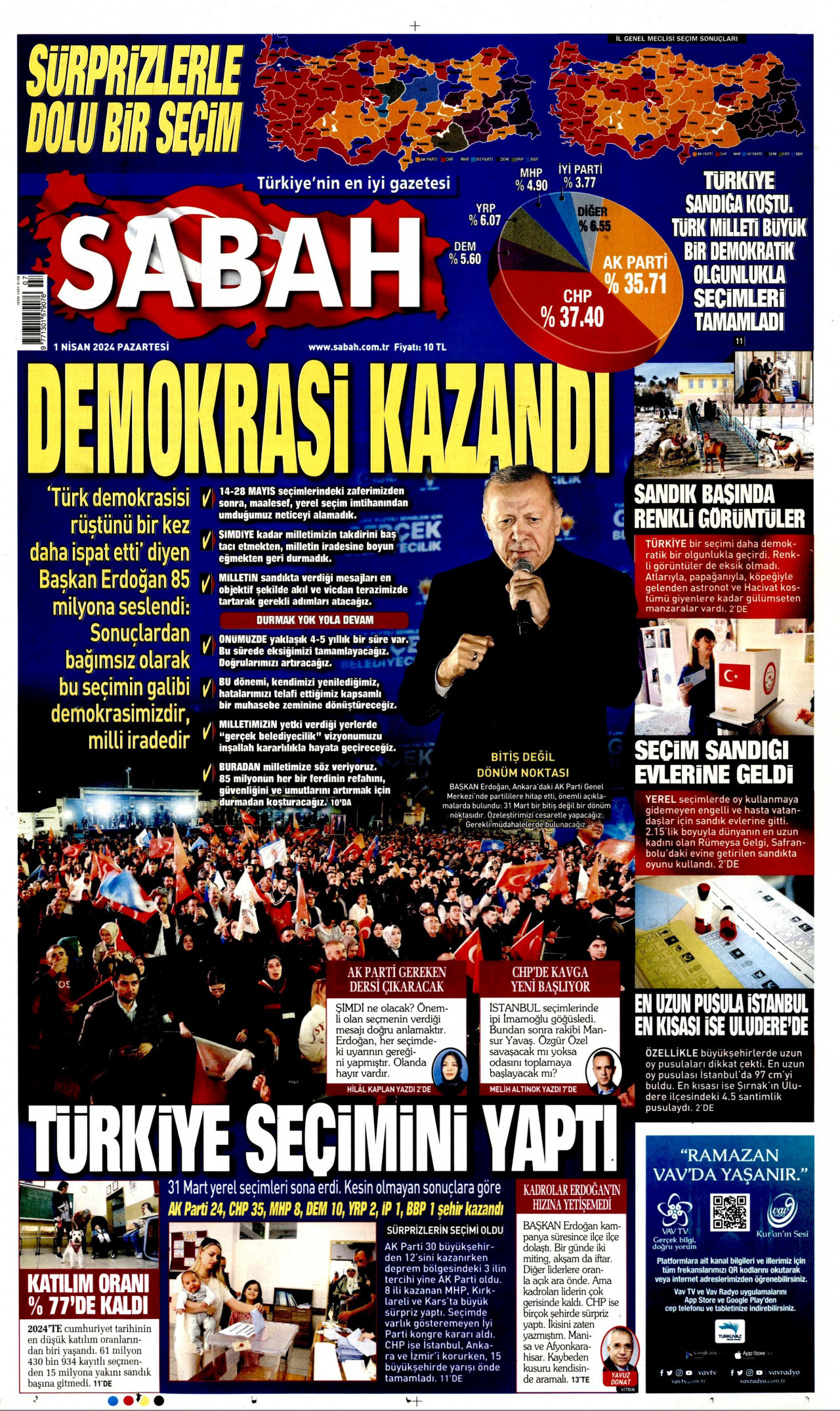 SABAH gazetesinin 1 Nisan 2024 tarihli birinci sayfası