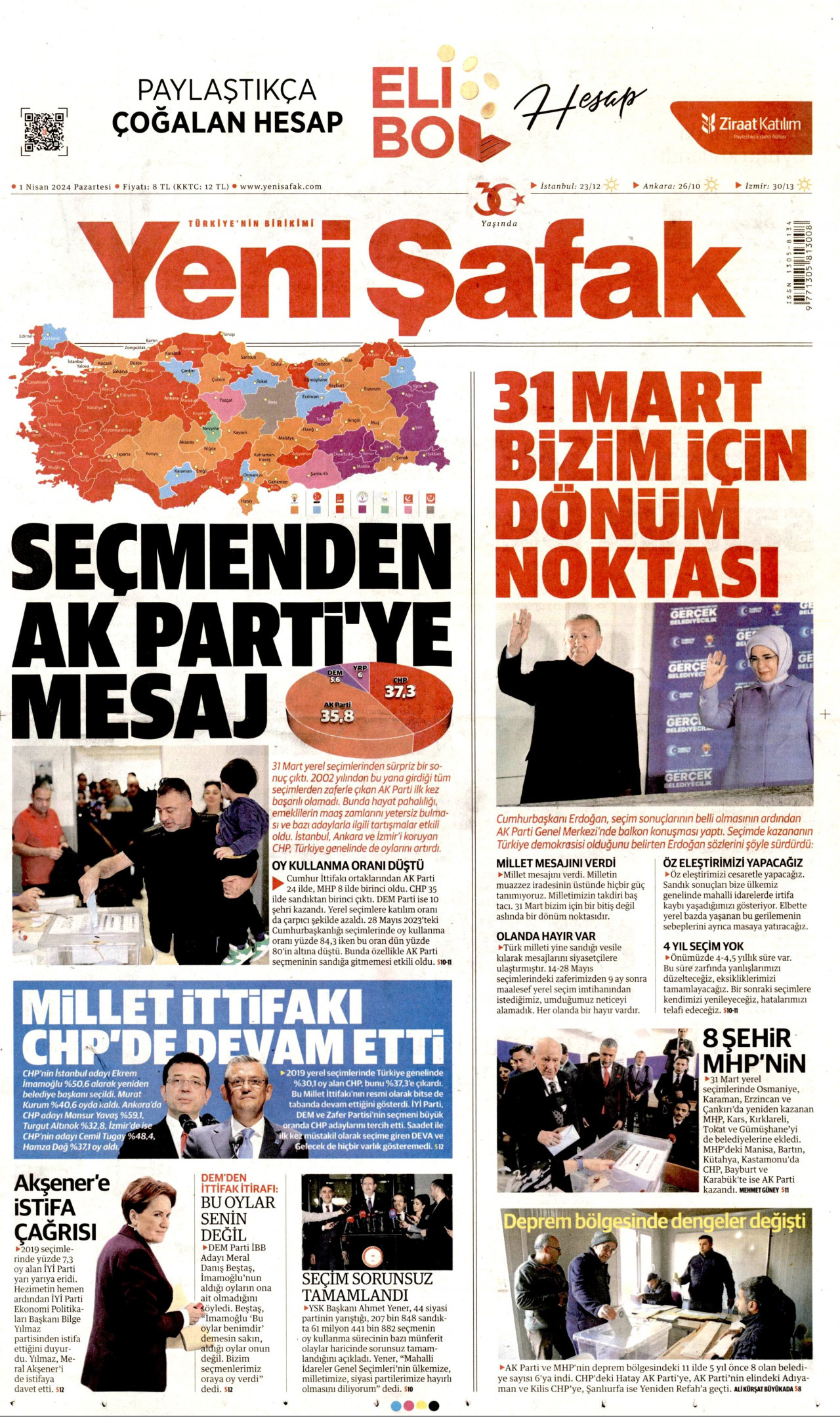YENİ ŞAFAK gazetesinin 1 Nisan 2024 tarihli birinci sayfası