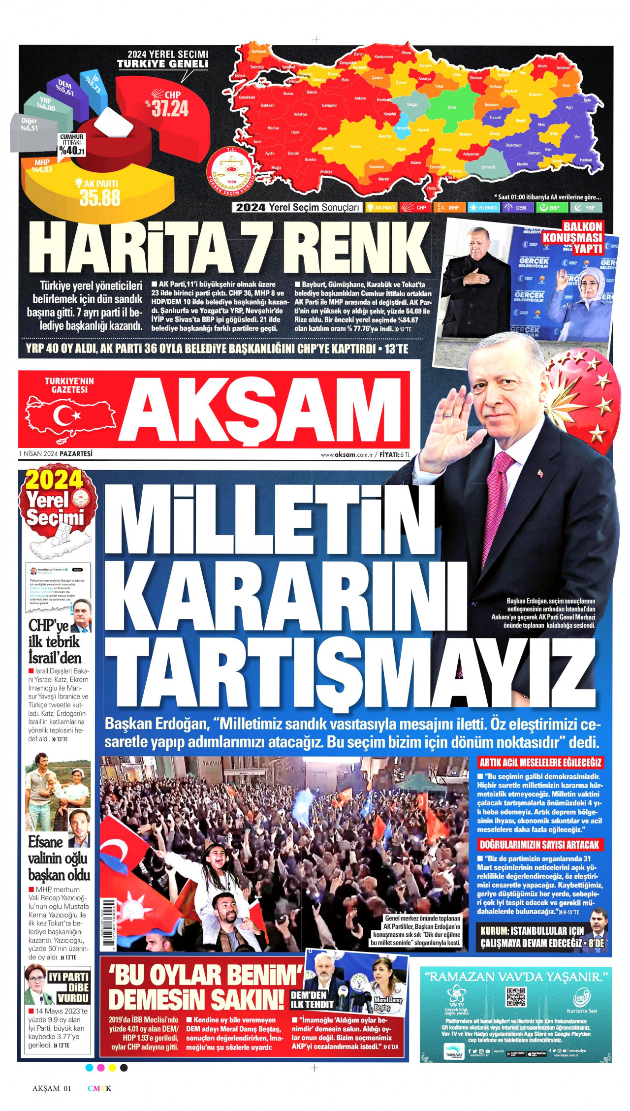 AKŞAM gazetesinin 1 Nisan 2024 tarihli birinci sayfası