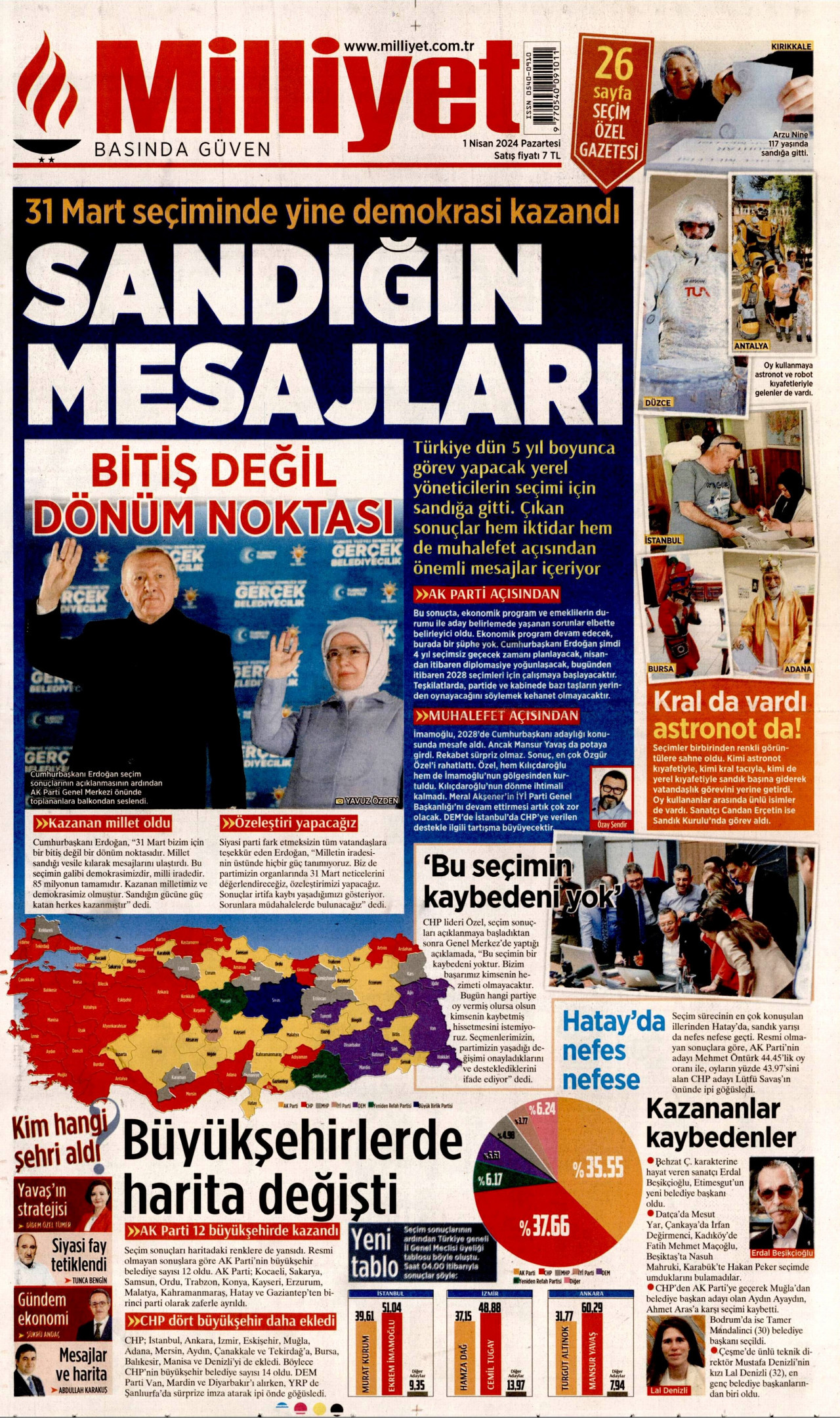 MİLLİYET gazetesinin 1 Nisan 2024 tarihli birinci sayfası