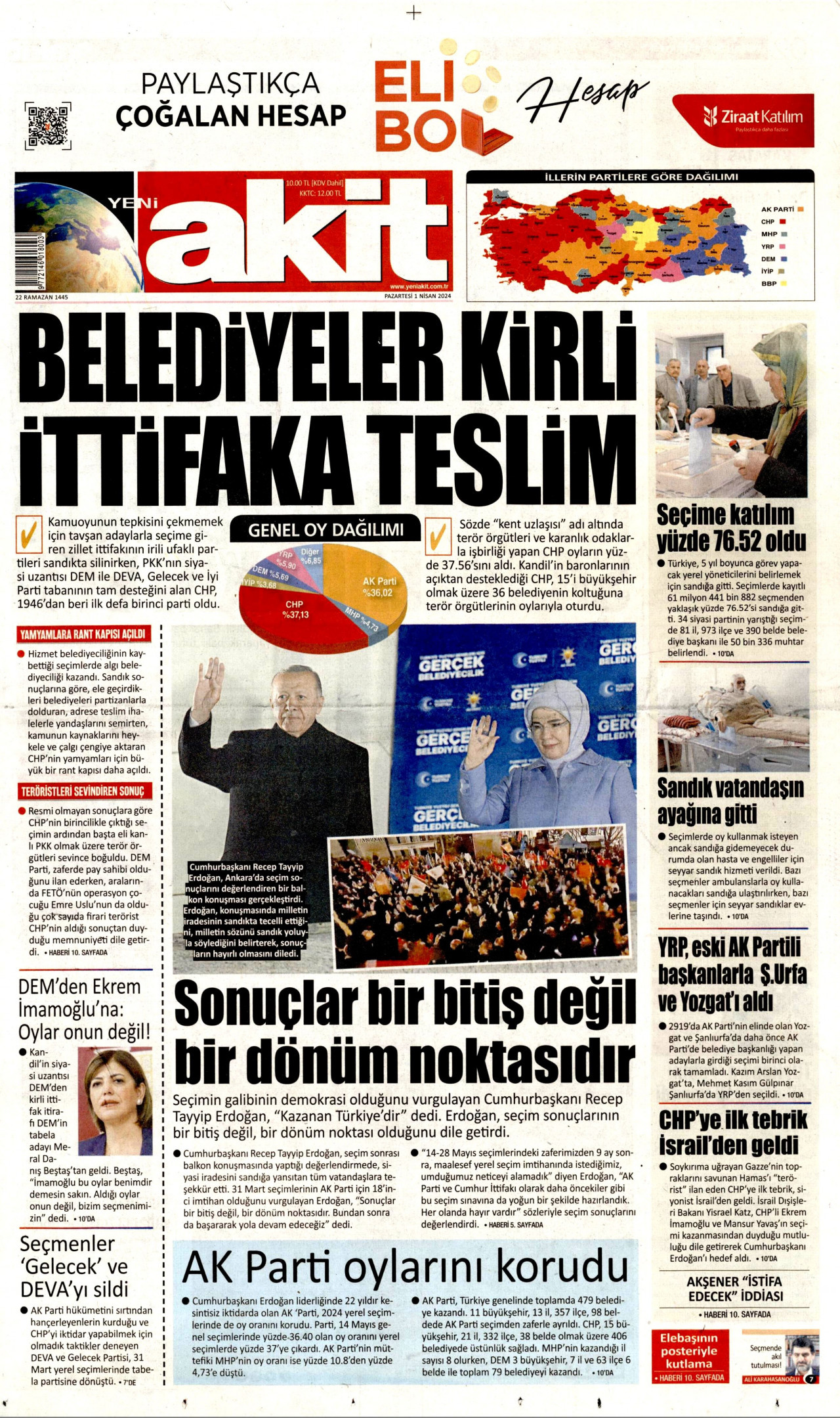 YENİ AKİT gazetesinin 1 Nisan 2024 tarihli birinci sayfası