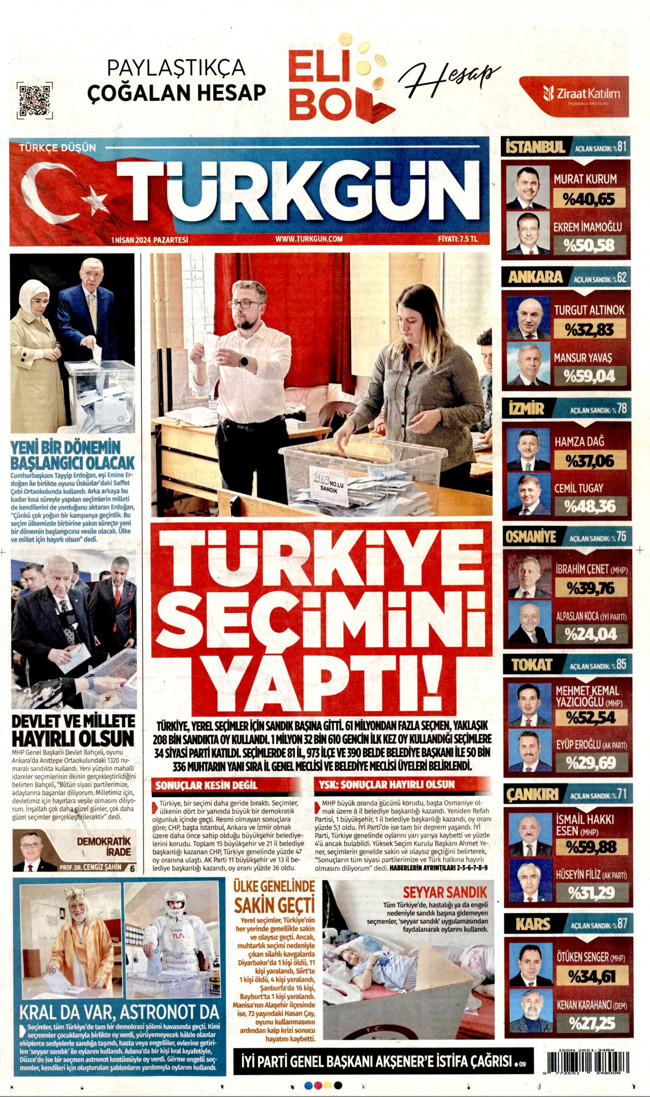 TÜRKGÜN gazetesinin 1 Nisan 2024 tarihli birinci sayfası