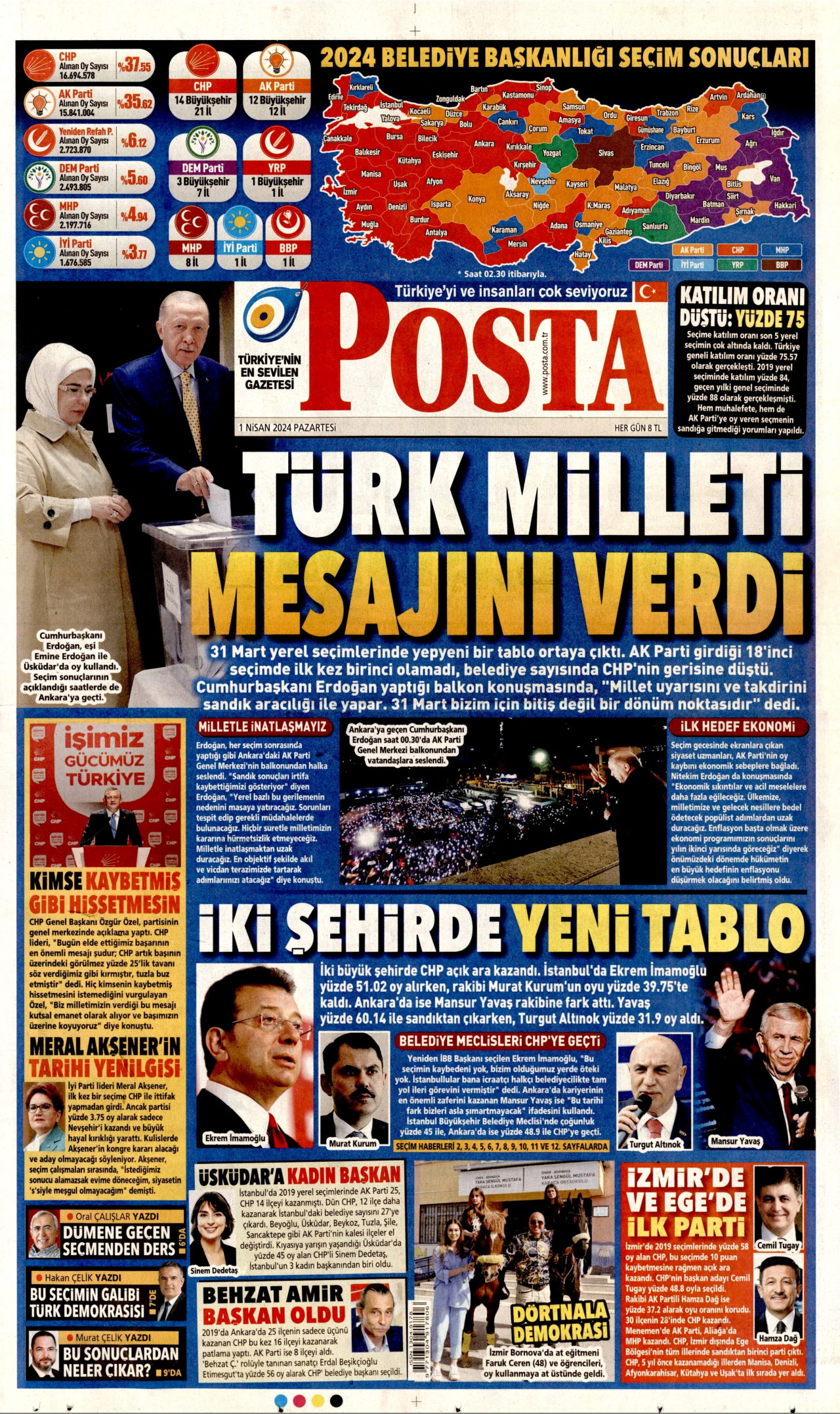 POSTA gazetesinin 1 Nisan 2024 tarihli birinci sayfası