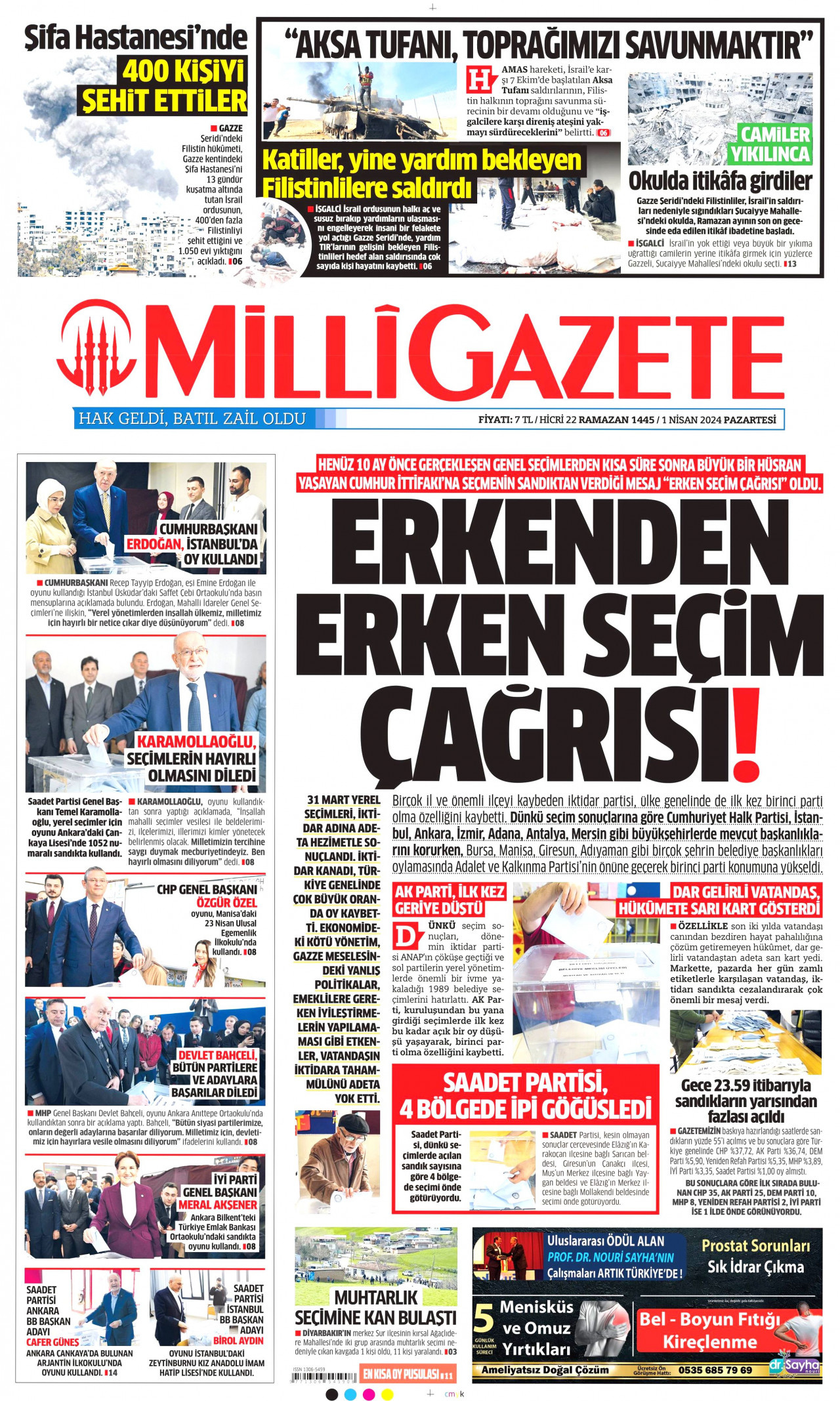 MİLLİ GAZETE gazetesinin 1 Nisan 2024 tarihli birinci sayfası