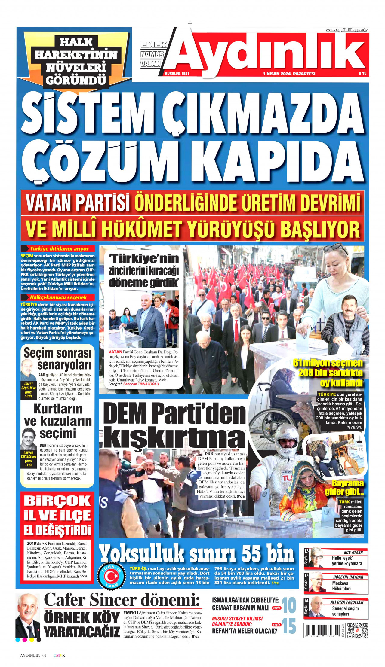 AYDINLIK GAZETESİ gazetesinin 1 Nisan 2024 tarihli birinci sayfası