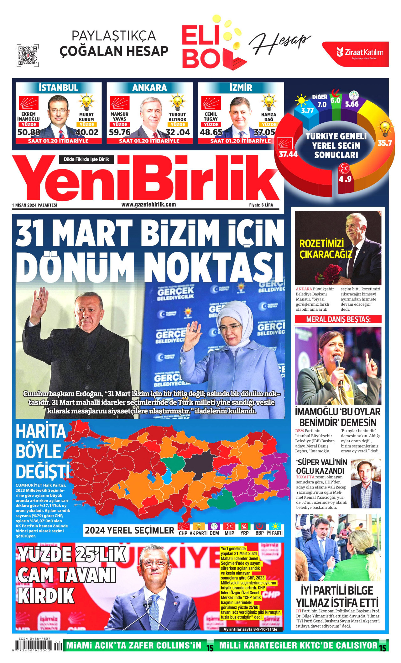 YENİBİRLİK gazetesinin 1 Nisan 2024 tarihli birinci sayfası
