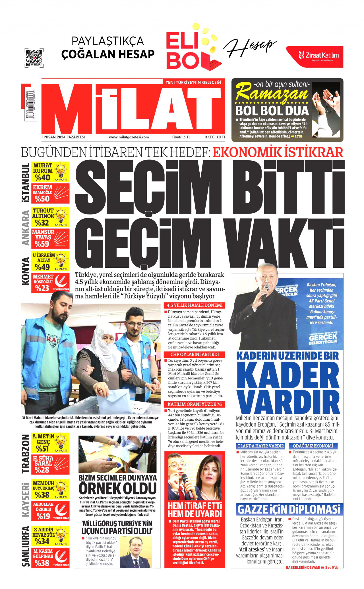 MİLAT gazetesinin 1 Nisan 2024 tarihli birinci sayfası