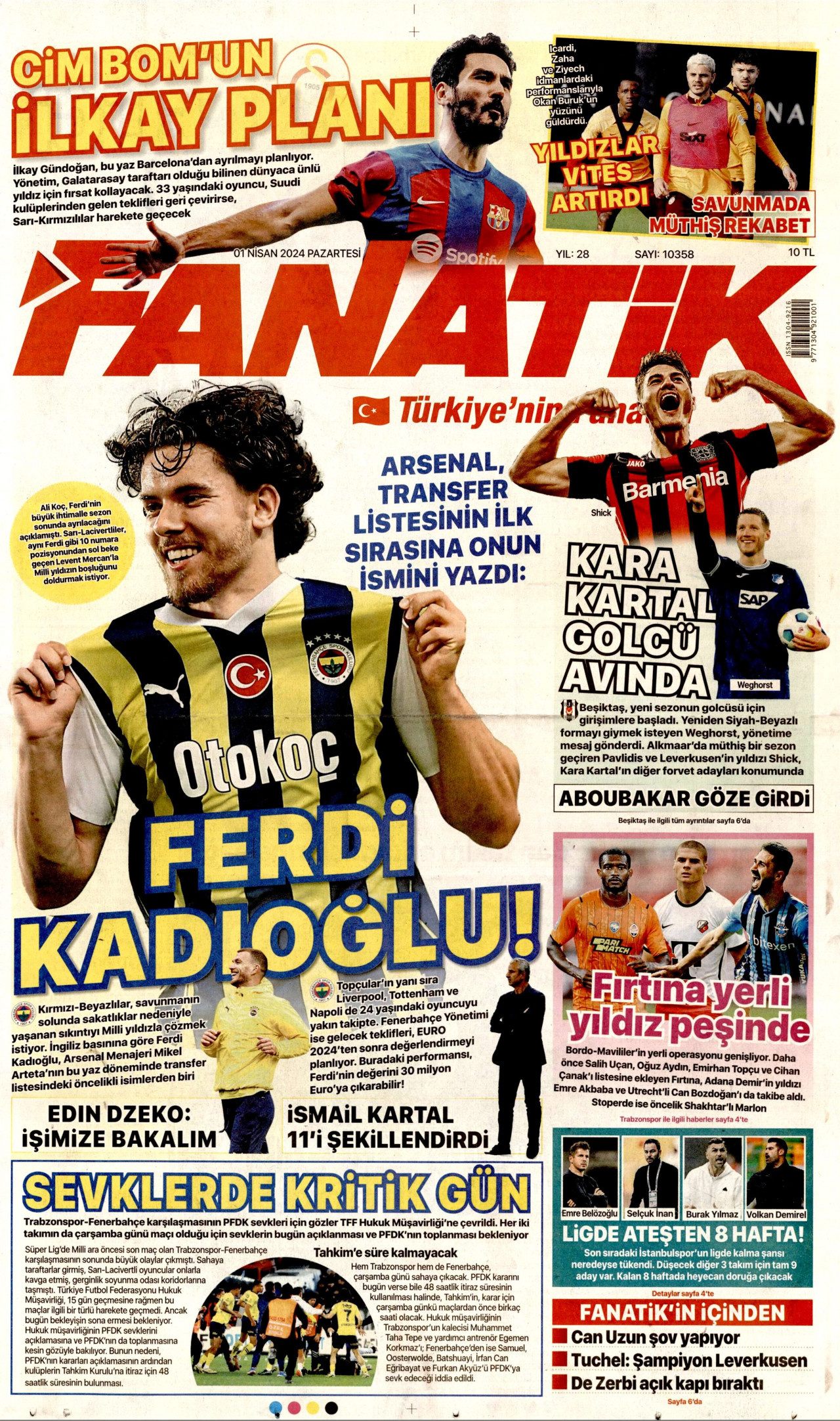 FANATİK gazetesinin 1 Nisan 2024 tarihli birinci sayfası