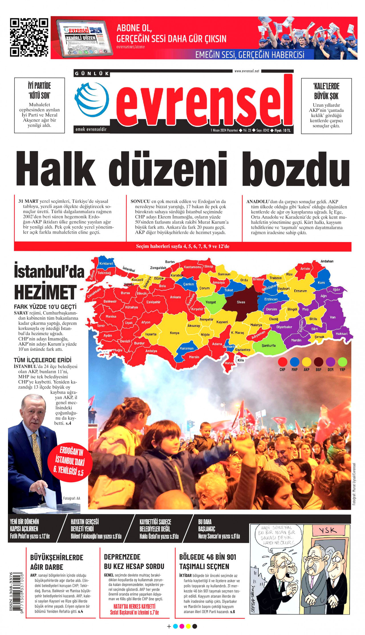 EVRENSEL gazetesinin 1 Nisan 2024 tarihli birinci sayfası