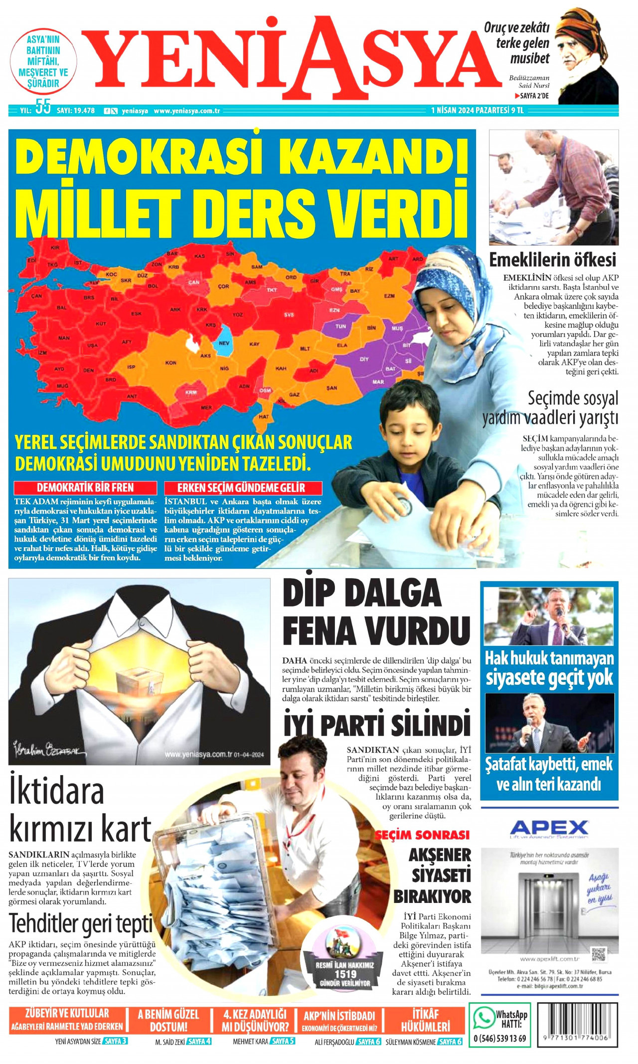 YENİ ASYA gazetesinin 1 Nisan 2024 tarihli birinci sayfası