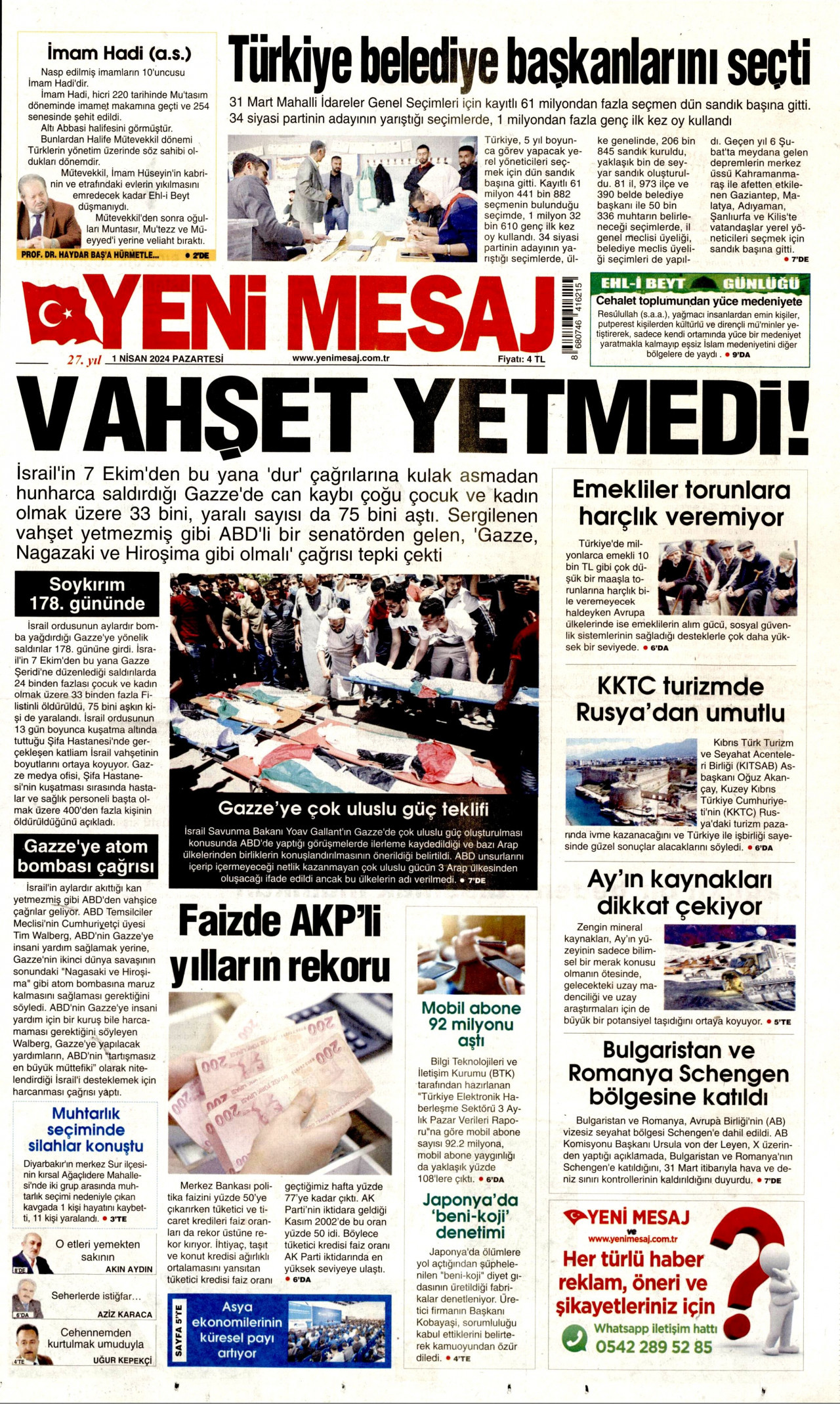 YENİ MESAJ gazetesinin 1 Nisan 2024 tarihli birinci sayfası