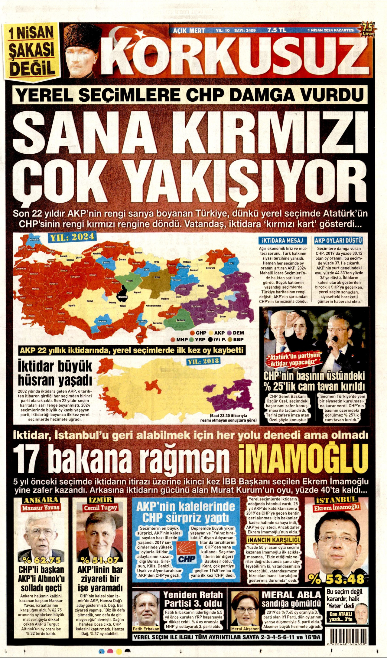 KORKUSUZ gazetesinin 1 Nisan 2024 tarihli birinci sayfası