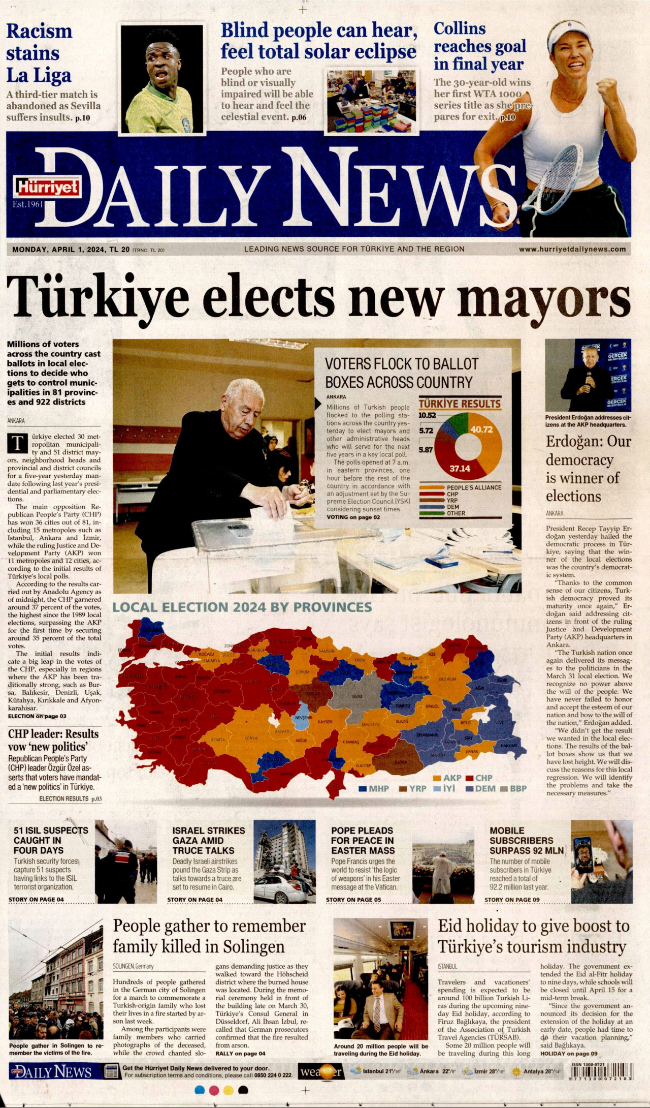 HÜRRİYET DAİLY NEWS gazetesinin 1 Nisan 2024 tarihli birinci sayfası