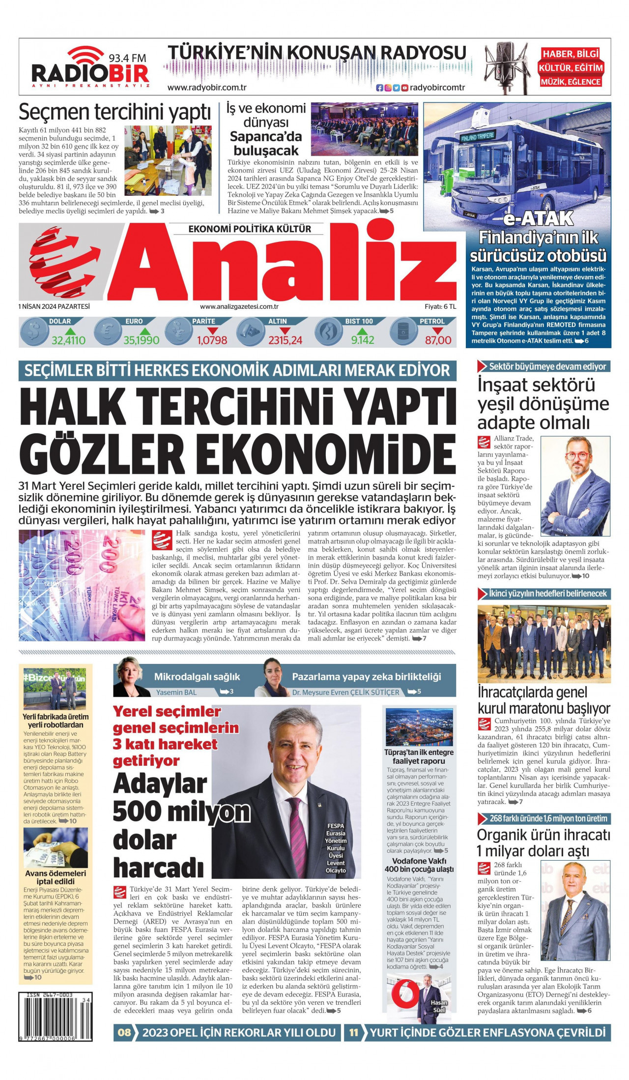 ANALİZ gazetesinin 1 Nisan 2024 tarihli birinci sayfası