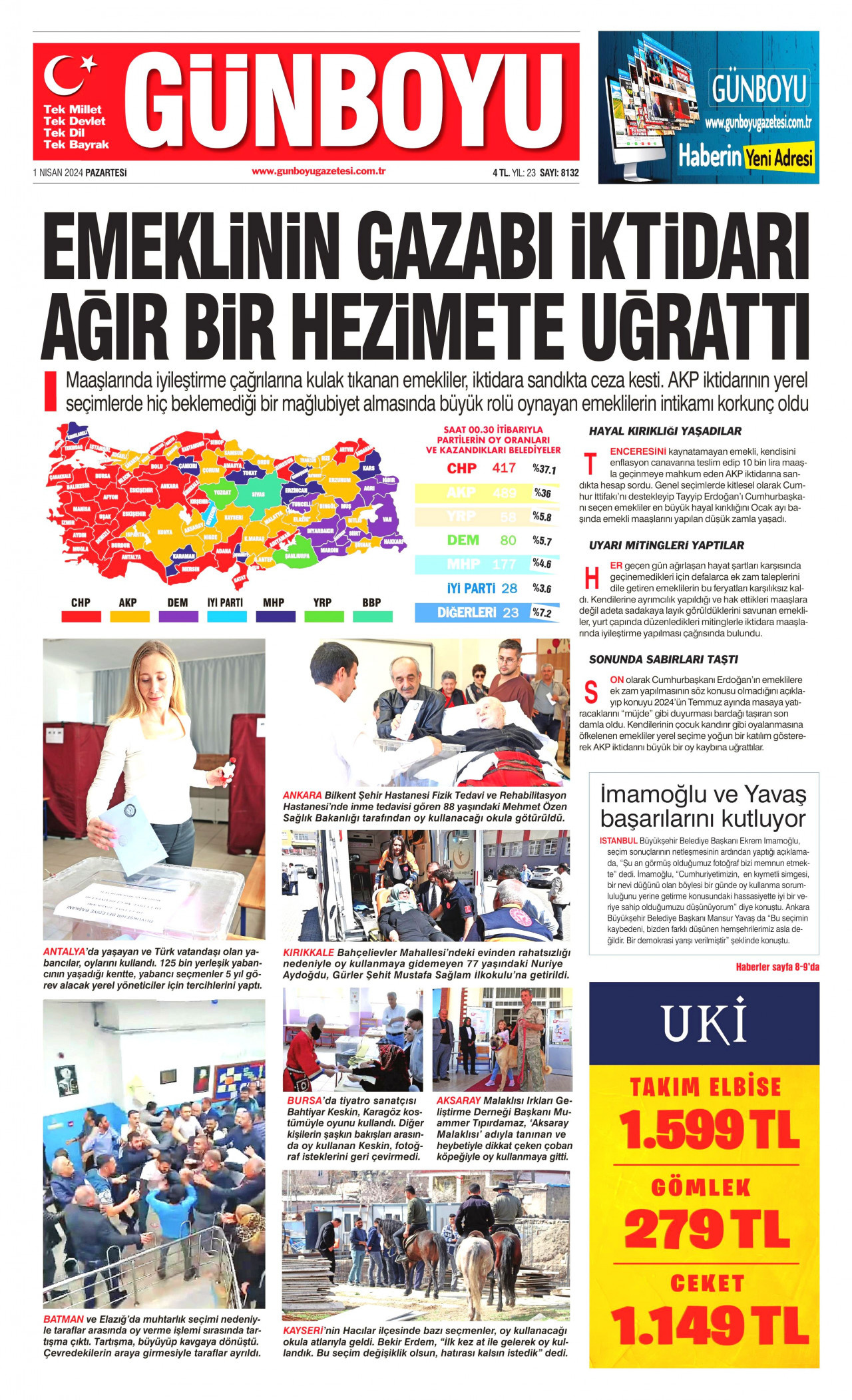 GÜNBOYU gazetesinin 1 Nisan 2024 tarihli birinci sayfası