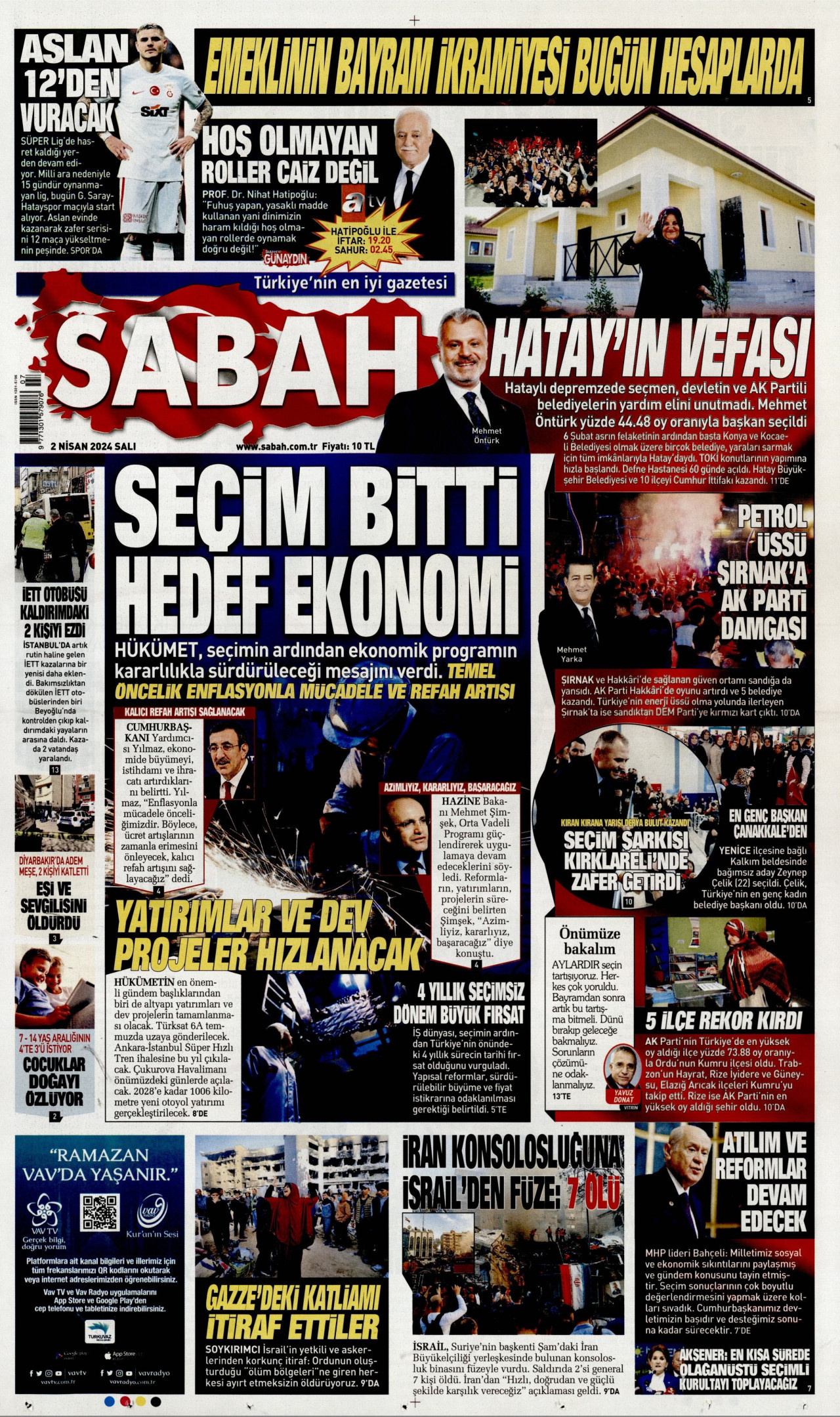 SABAH gazetesinin 2 Nisan 2024 tarihli birinci sayfası