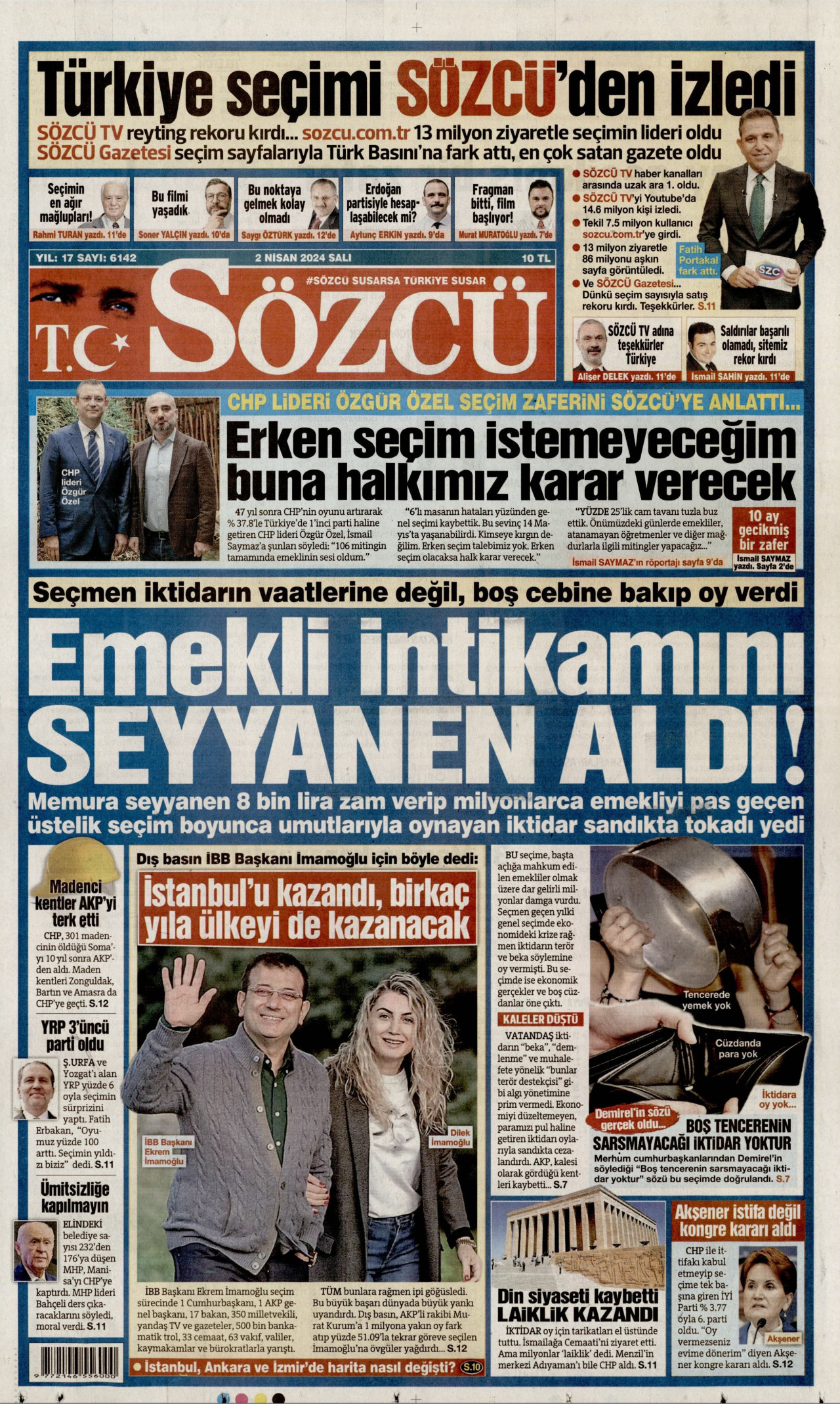 SÖZCÜ gazetesinin 2 Nisan 2024 tarihli birinci sayfası