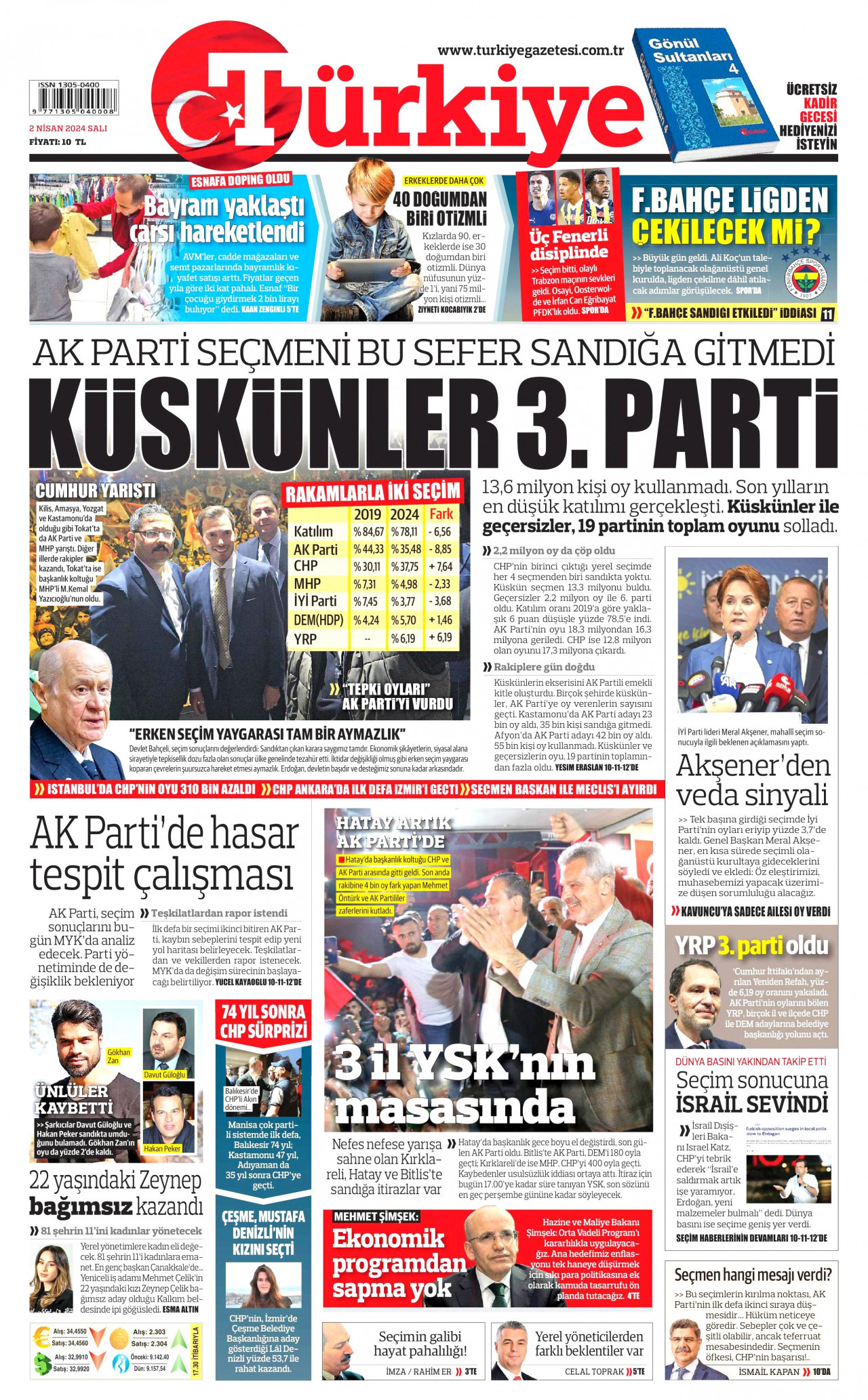 TÜRKİYE GAZETESİ gazetesinin 2 Nisan 2024 tarihli birinci sayfası