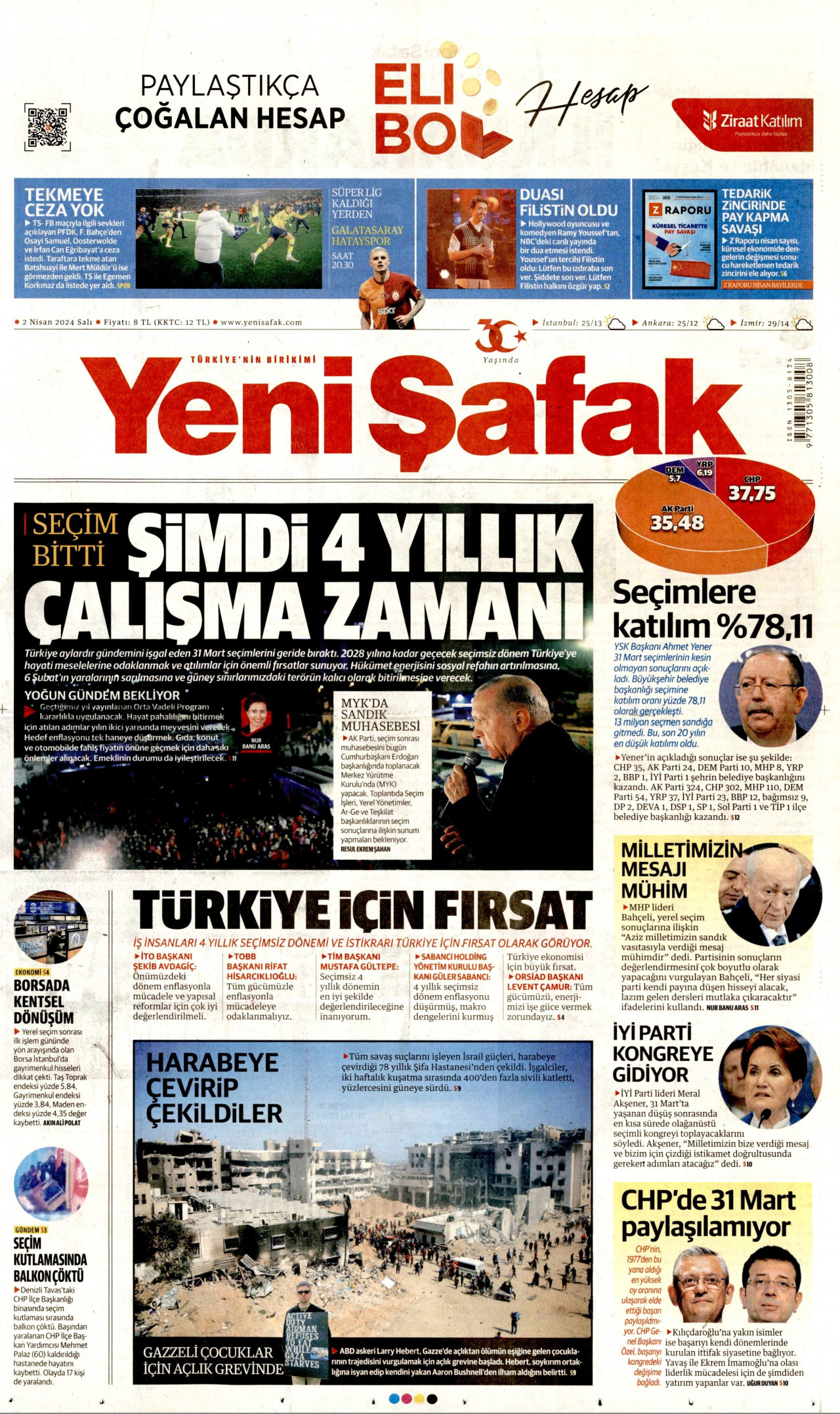 YENİ ŞAFAK gazetesinin 2 Nisan 2024 tarihli birinci sayfası