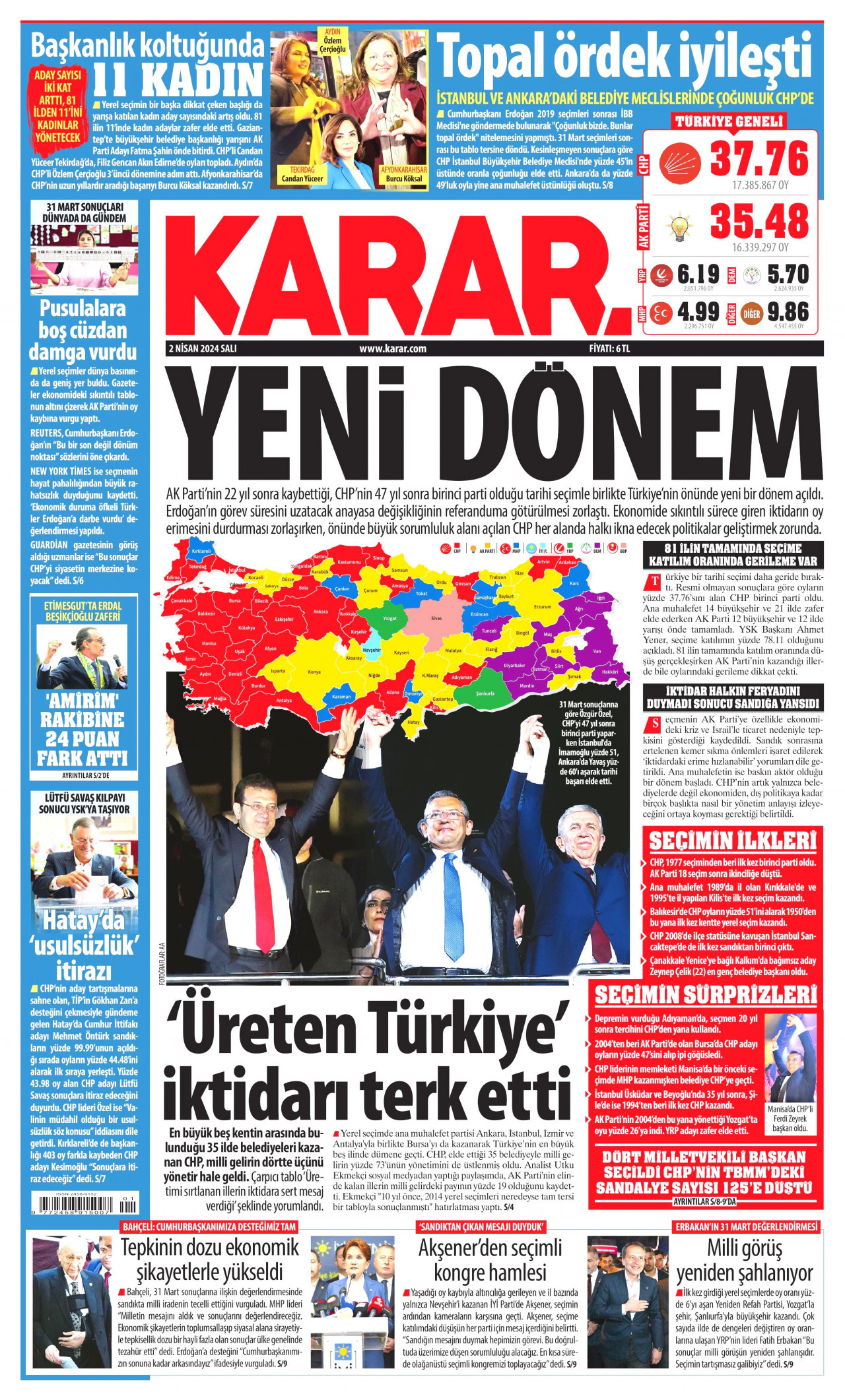 KARAR gazetesinin 2 Nisan 2024 tarihli birinci sayfası