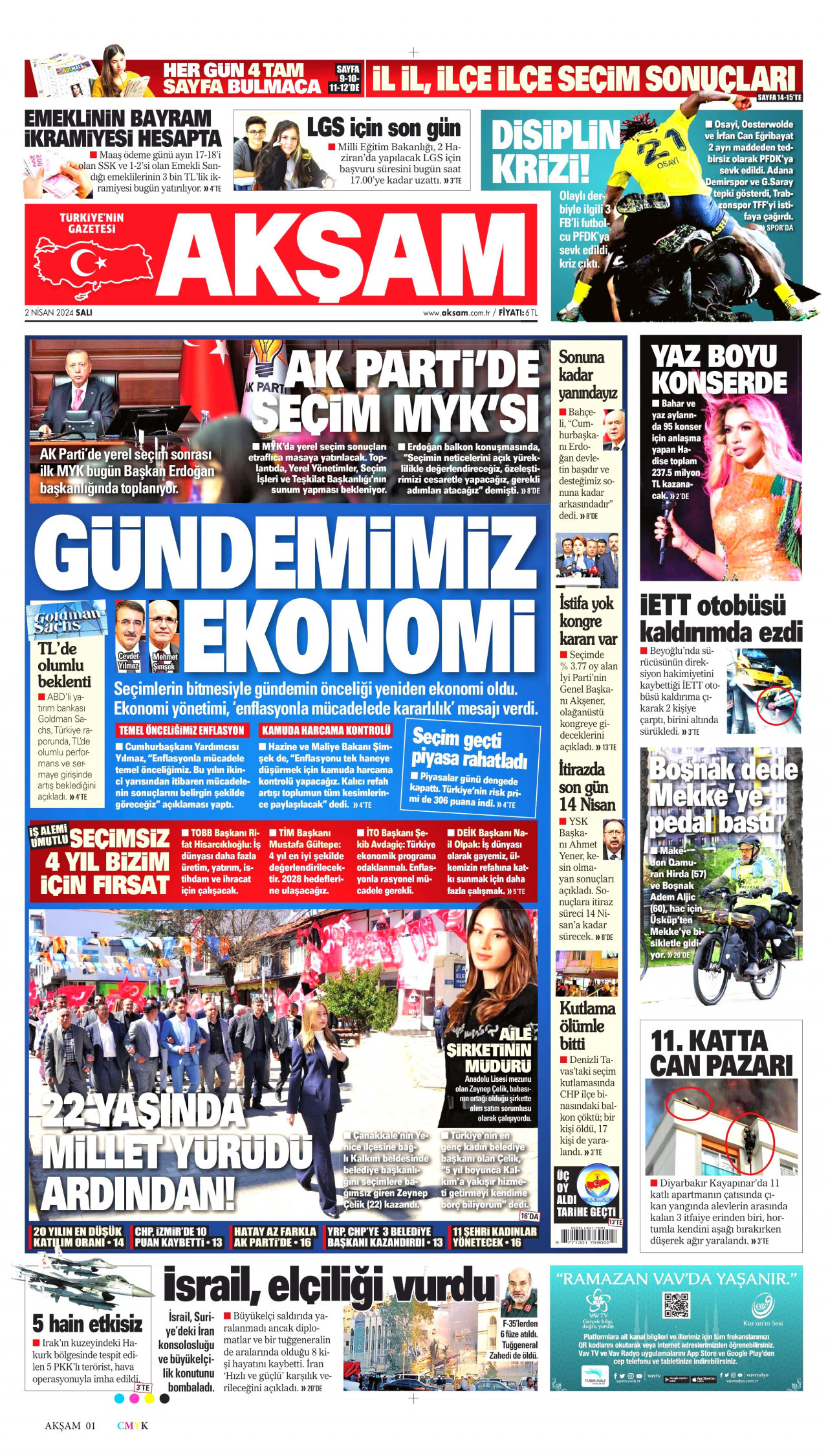 AKŞAM gazetesinin 2 Nisan 2024 tarihli birinci sayfası