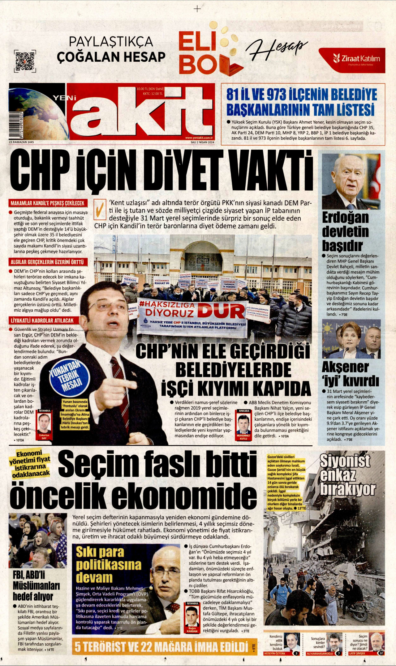 YENİ AKİT gazetesinin 2 Nisan 2024 tarihli birinci sayfası