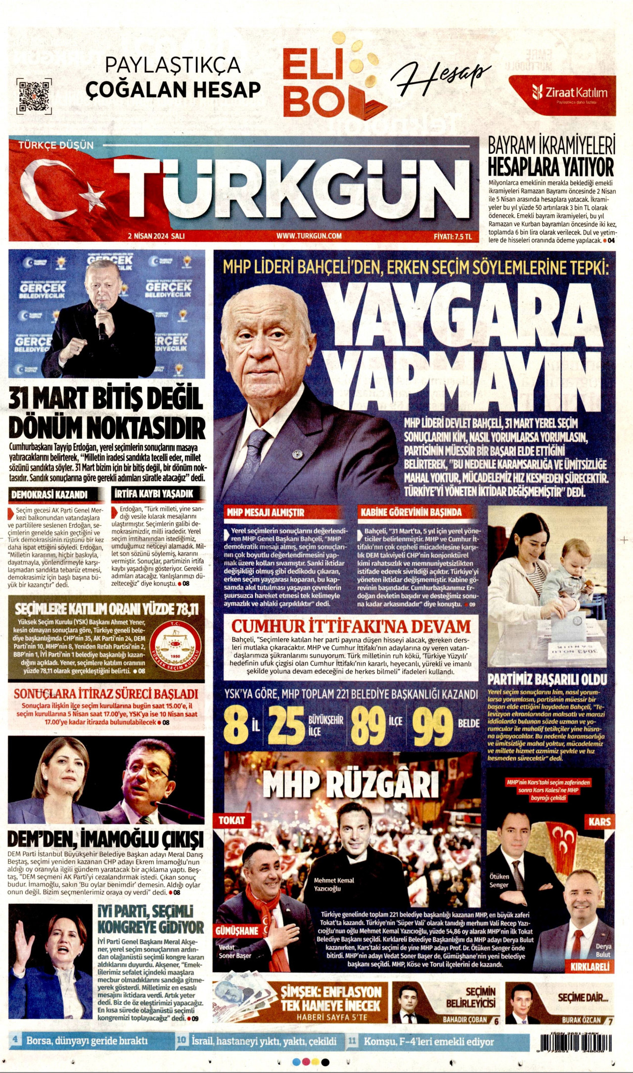 TÜRKGÜN gazetesinin 2 Nisan 2024 tarihli birinci sayfası