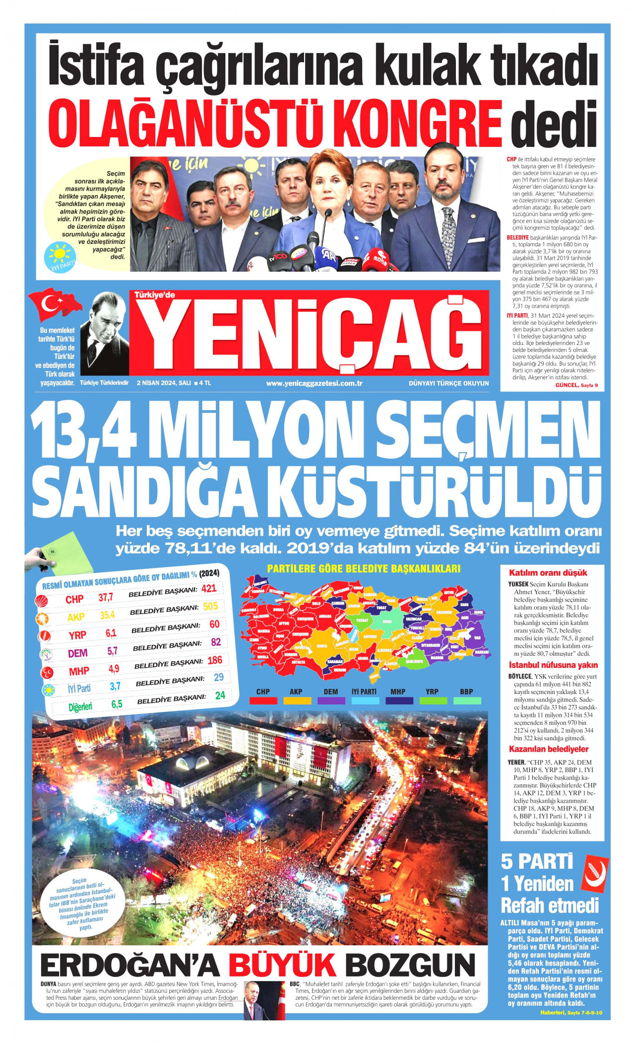 YENİÇAĞ gazetesinin 2 Nisan 2024 tarihli birinci sayfası