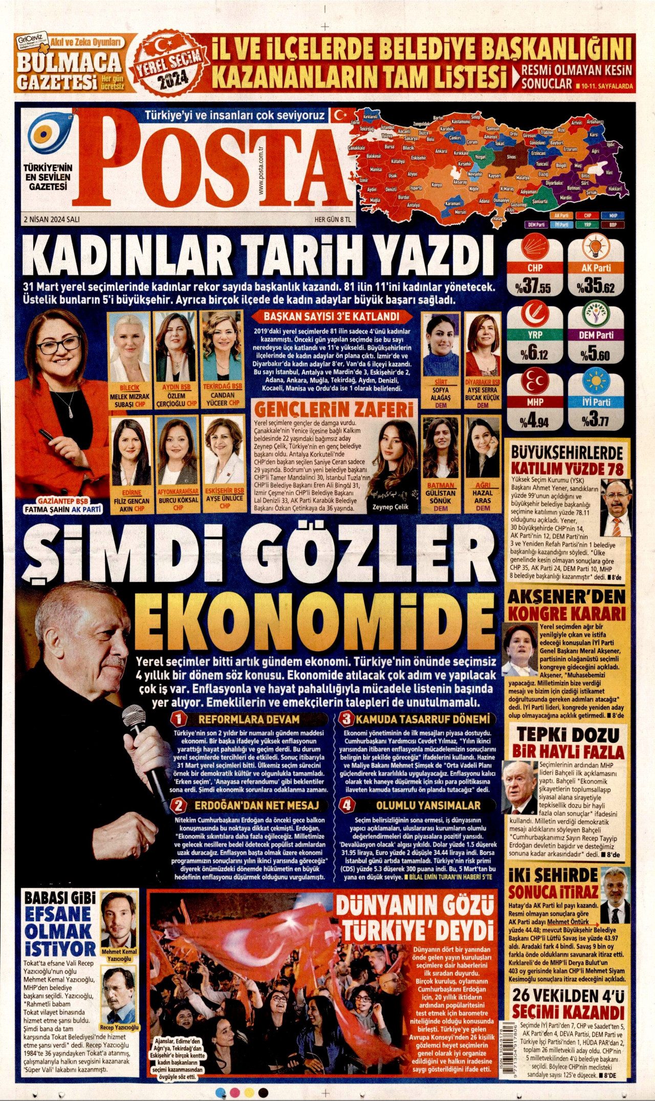 POSTA gazetesinin 2 Nisan 2024 tarihli birinci sayfası