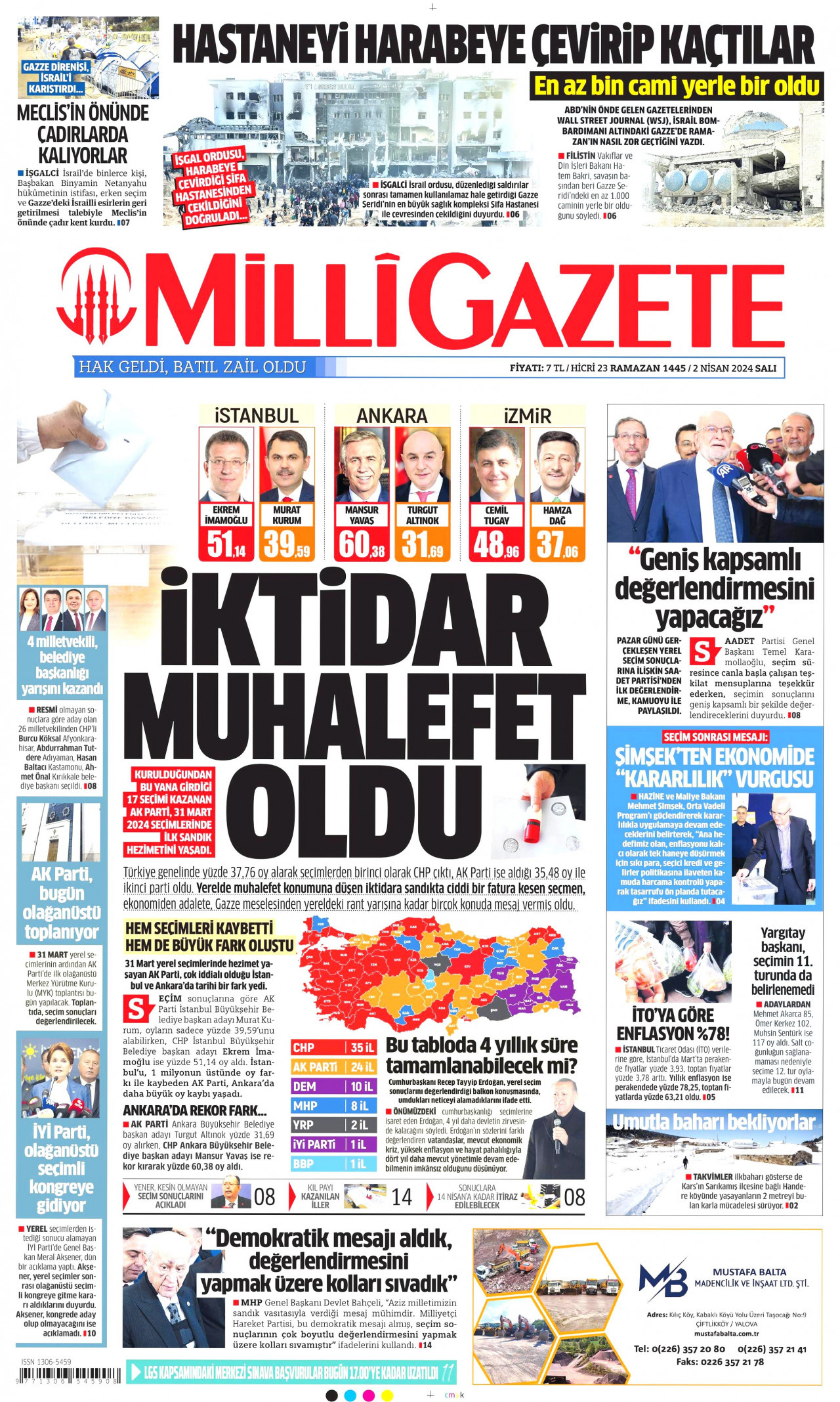 MİLLİ GAZETE gazetesinin 2 Nisan 2024 tarihli birinci sayfası