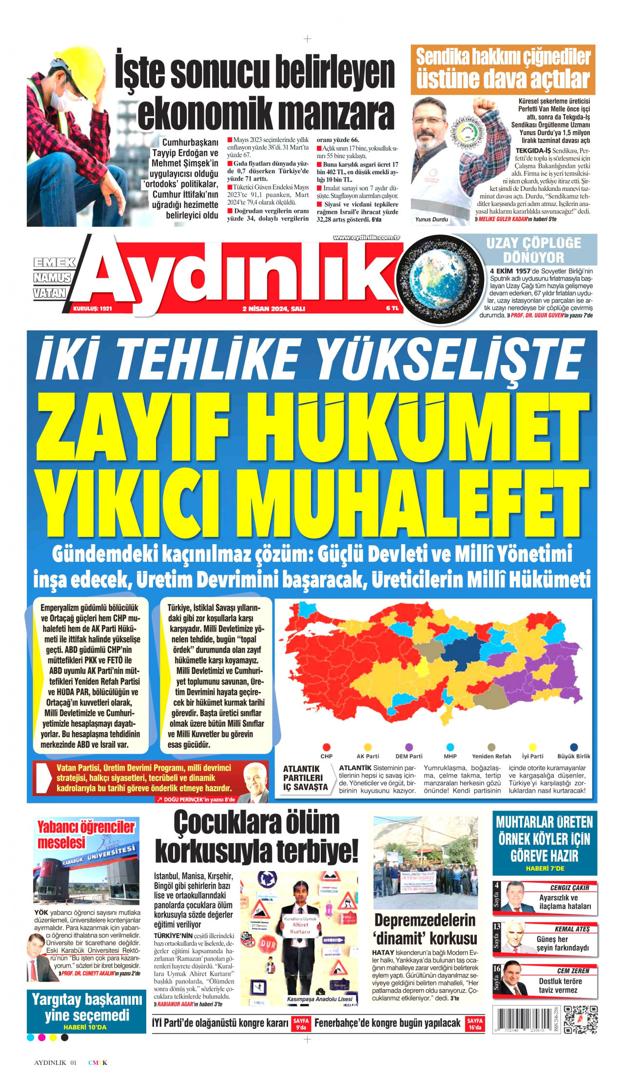 AYDINLIK GAZETESİ gazetesinin 2 Nisan 2024 tarihli birinci sayfası