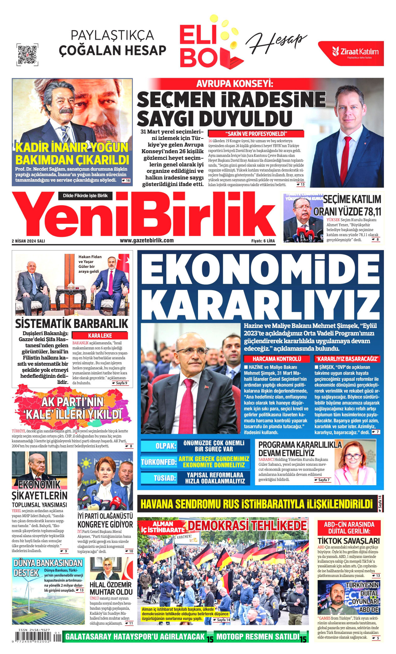 YENİBİRLİK gazetesinin 2 Nisan 2024 tarihli birinci sayfası