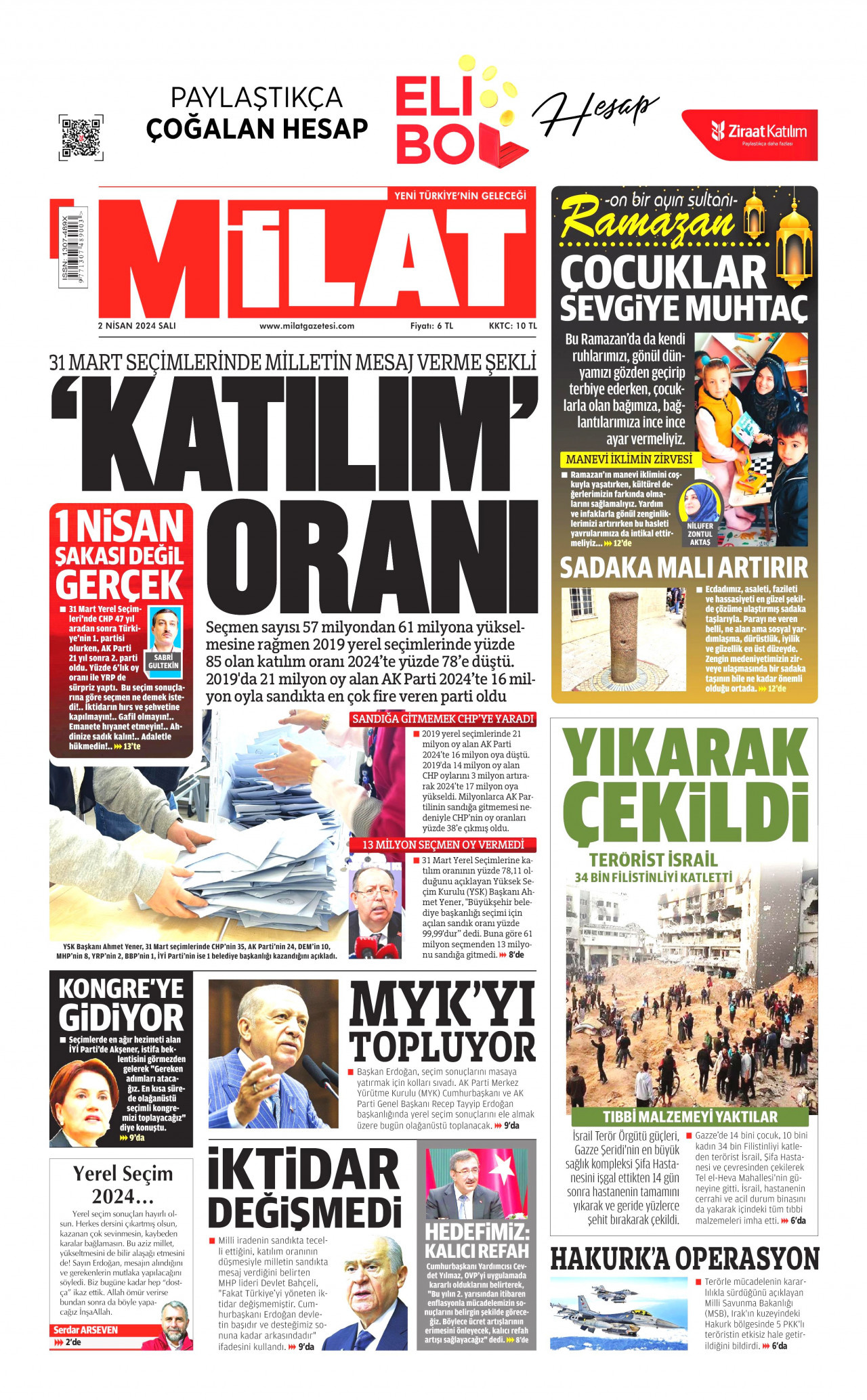 MİLAT gazetesinin 2 Nisan 2024 tarihli birinci sayfası