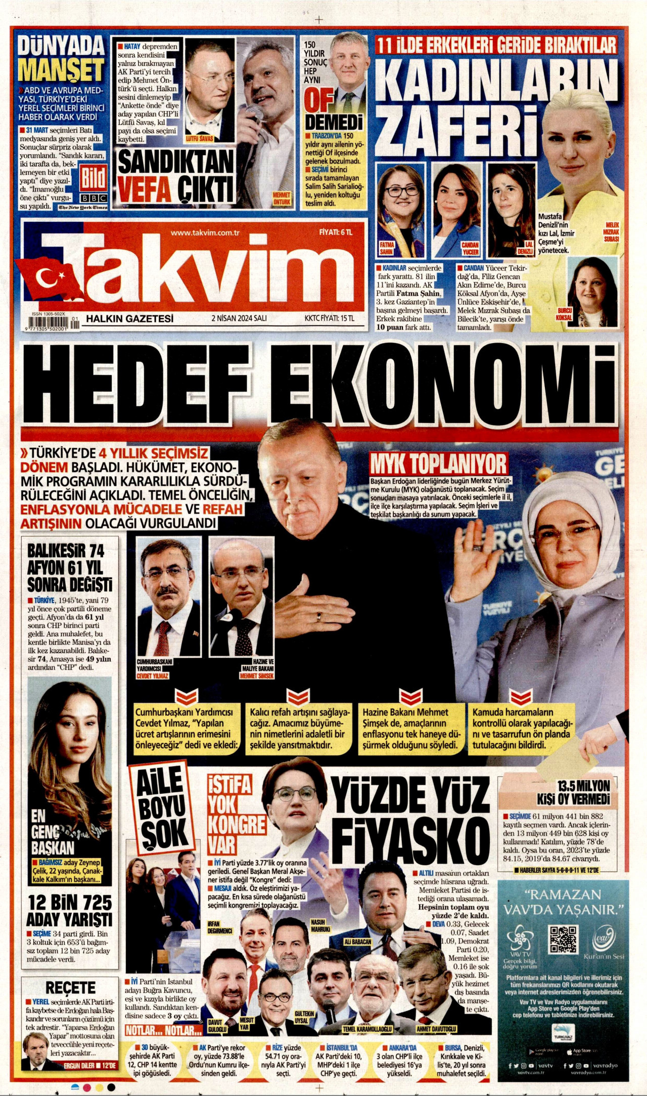 TAKVİM gazetesinin 2 Nisan 2024 tarihli birinci sayfası