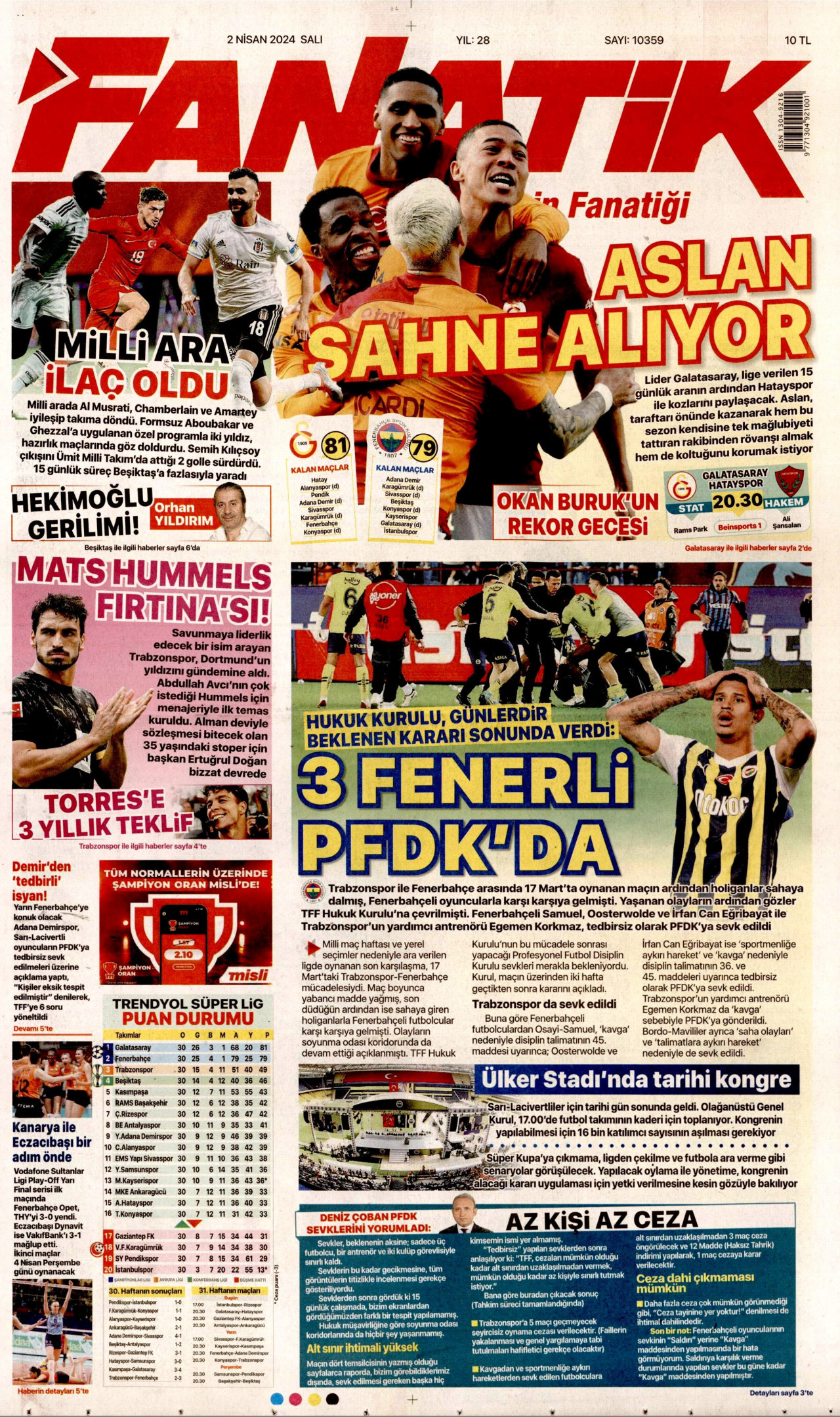 FANATİK gazetesinin 2 Nisan 2024 tarihli birinci sayfası