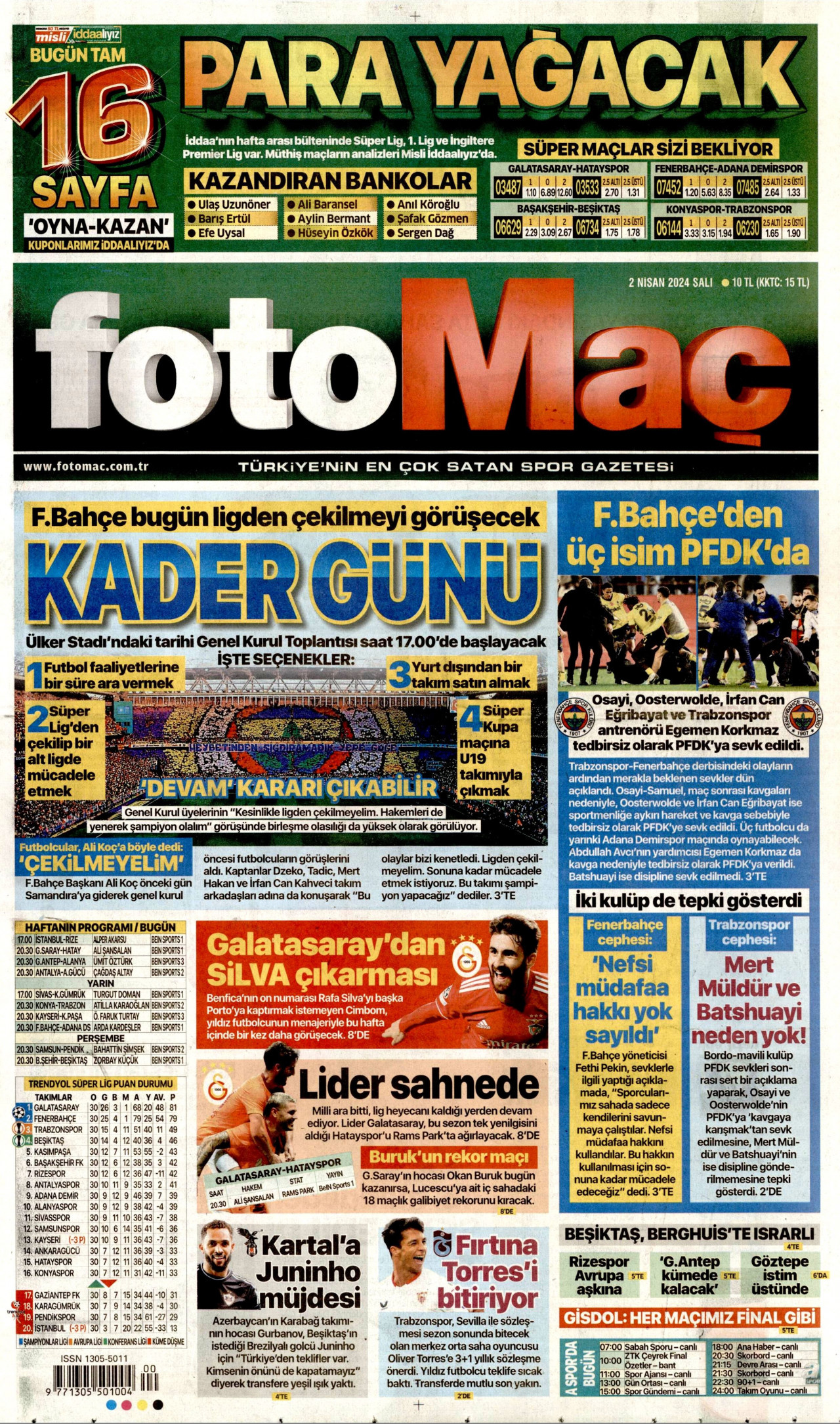 FOTOMAÇ gazetesinin 2 Nisan 2024 tarihli birinci sayfası
