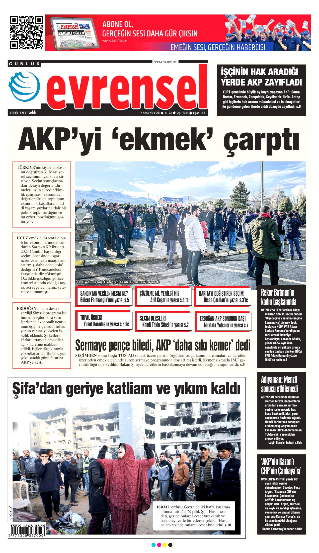 EVRENSEL gazetesinin 2 Nisan 2024 tarihli birinci sayfası