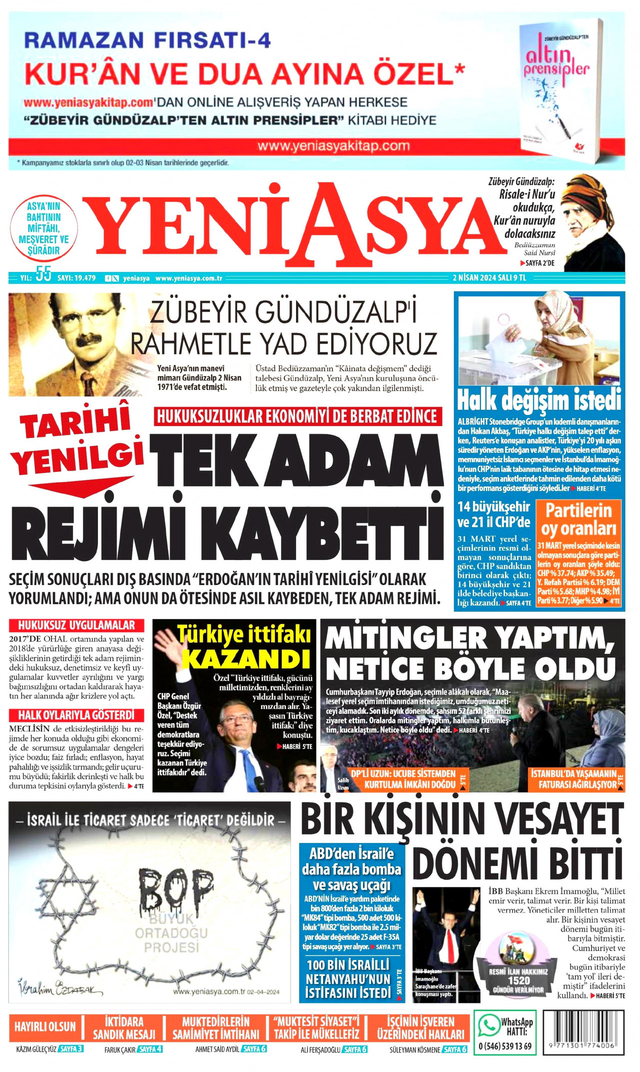 YENİ ASYA gazetesinin 2 Nisan 2024 tarihli birinci sayfası