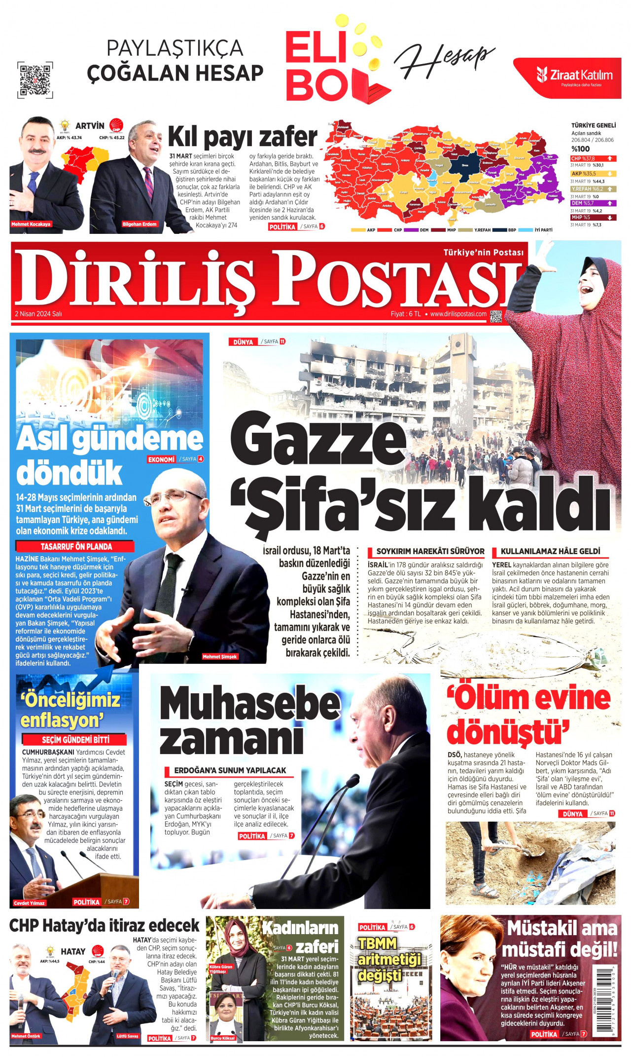 DİRİLİŞ POSTASI gazetesinin 2 Nisan 2024 tarihli birinci sayfası